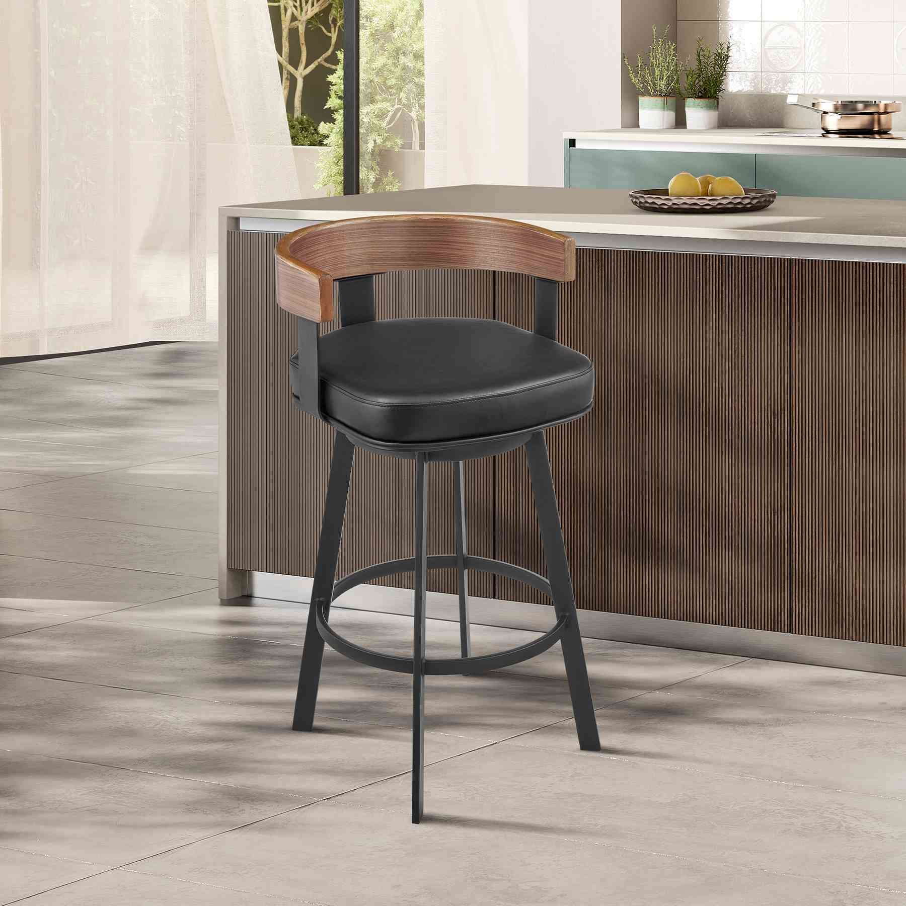Idris 26" Swivel Counter Stool in Black Iron with Walnut Finish and Vintage Black Faux Leather - Image 10