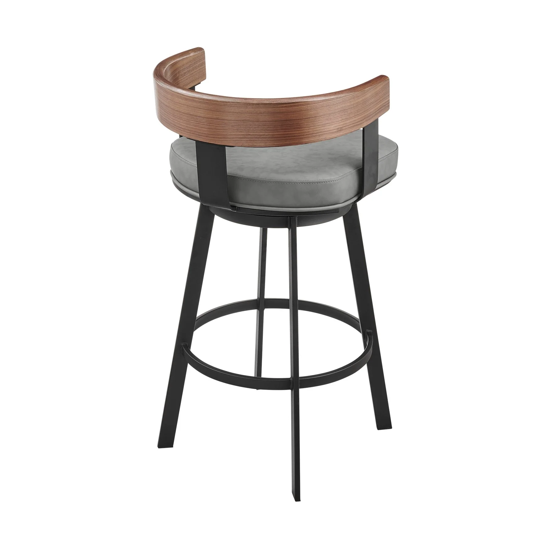 Idris 26" Swivel Counter Stool in Black Iron with Walnut Finish and Vintage Gray Faux Leather - Image 3