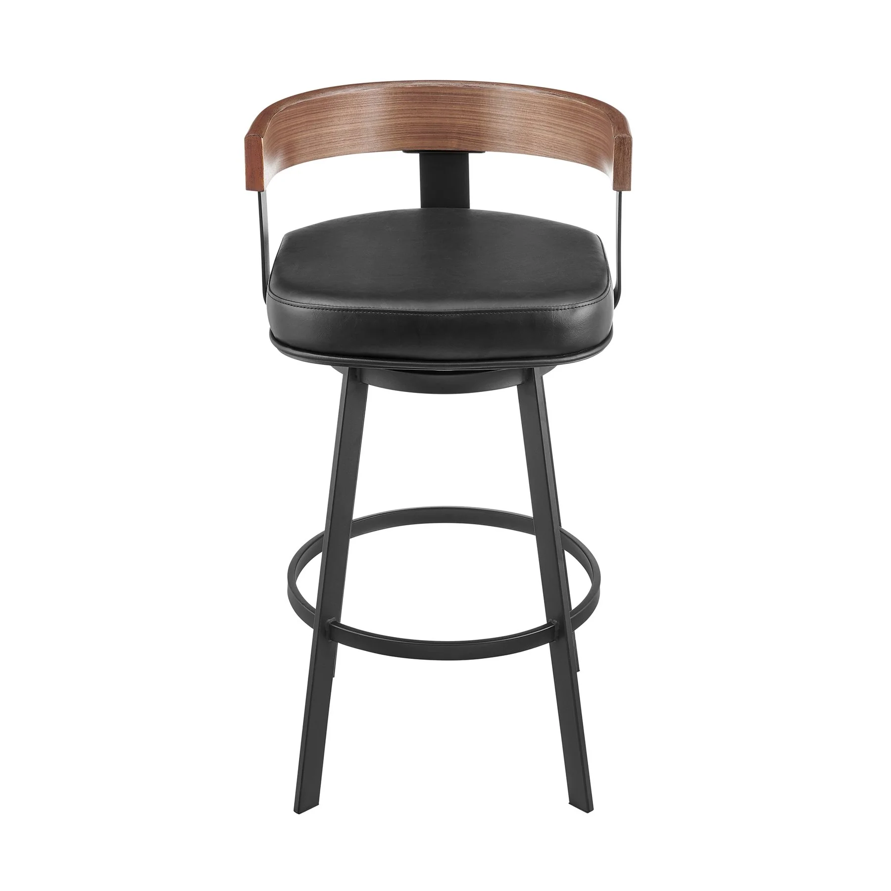 Idris 30" Swivel Bar Stool in Black Iron with Walnut Finish and Vintage Black Faux Leather - Image 2