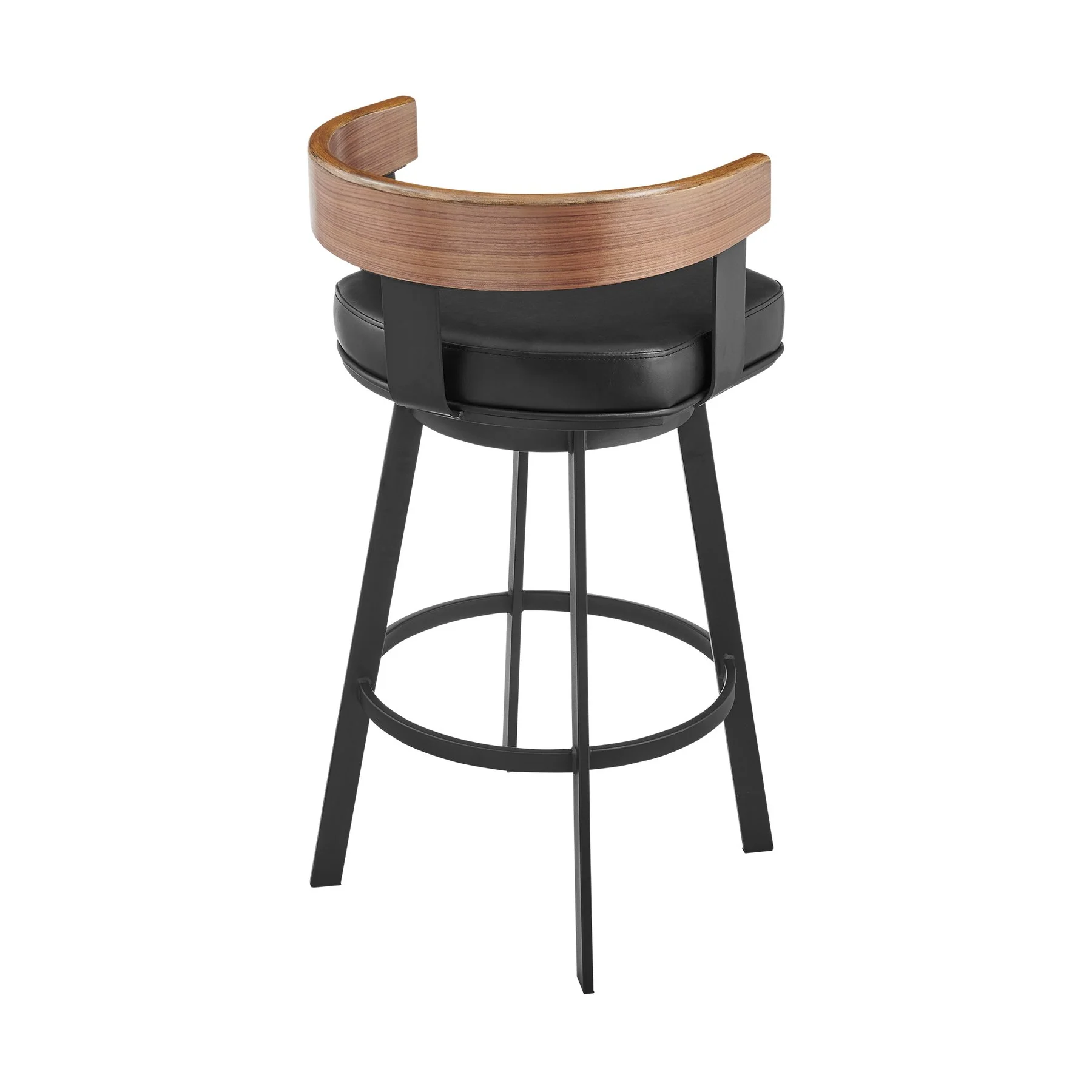 Idris 30" Swivel Bar Stool in Black Iron with Walnut Finish and Vintage Black Faux Leather - Image 3