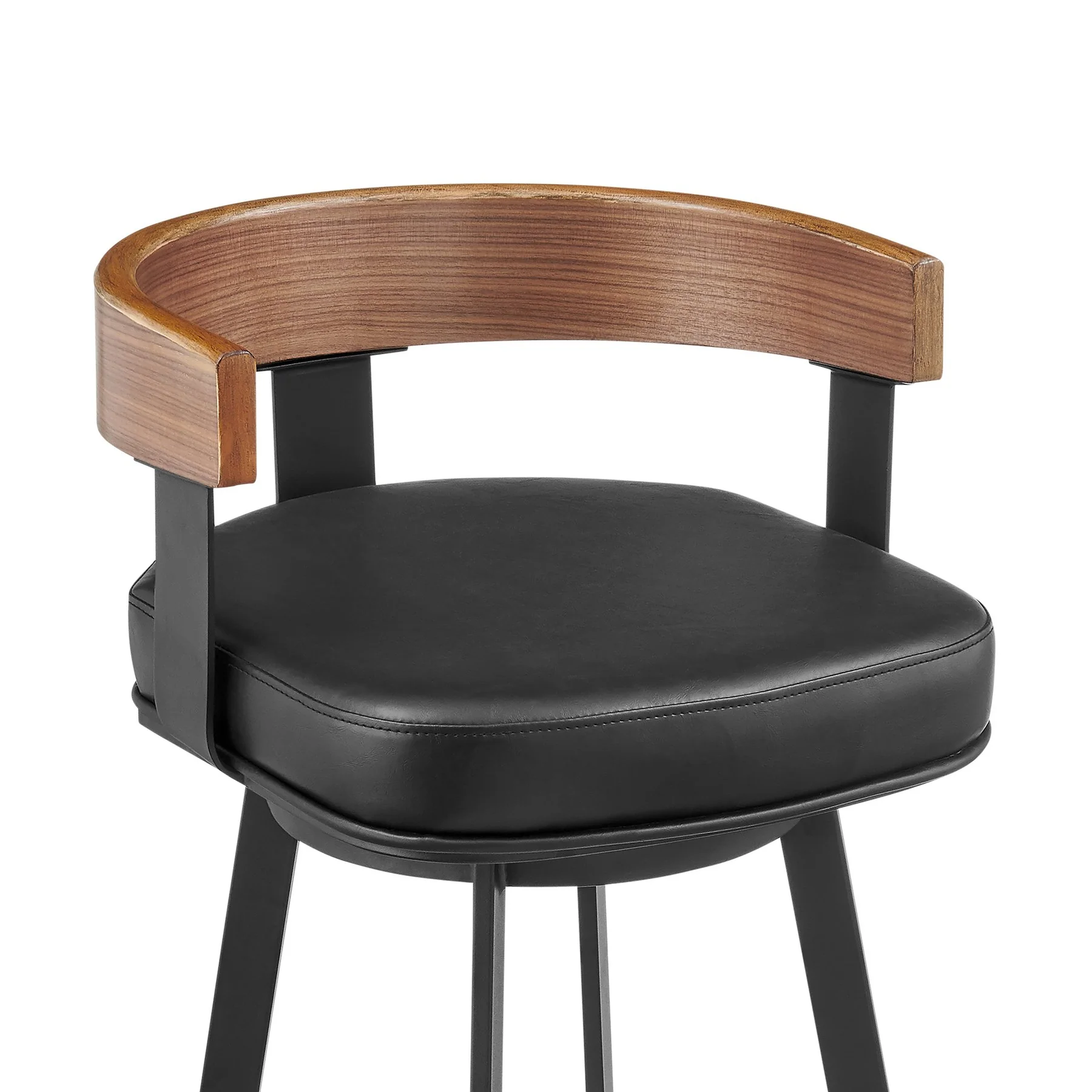 Idris 30" Swivel Bar Stool in Black Iron with Walnut Finish and Vintage Black Faux Leather - Image 4