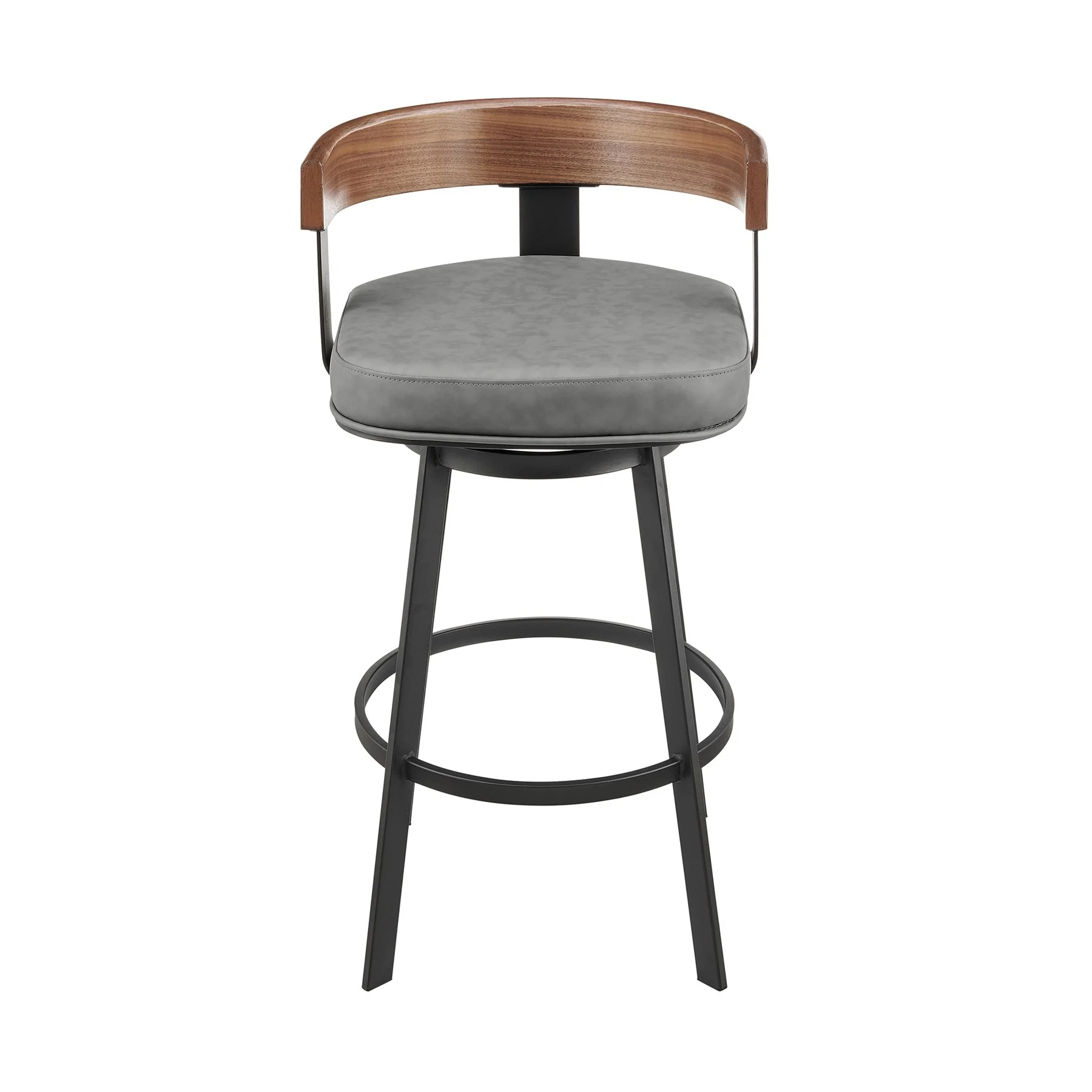 Idris 30" Swivel Bar Stool in Black Iron with Walnut Finish and Vintage Gray Faux Leather - Image 2