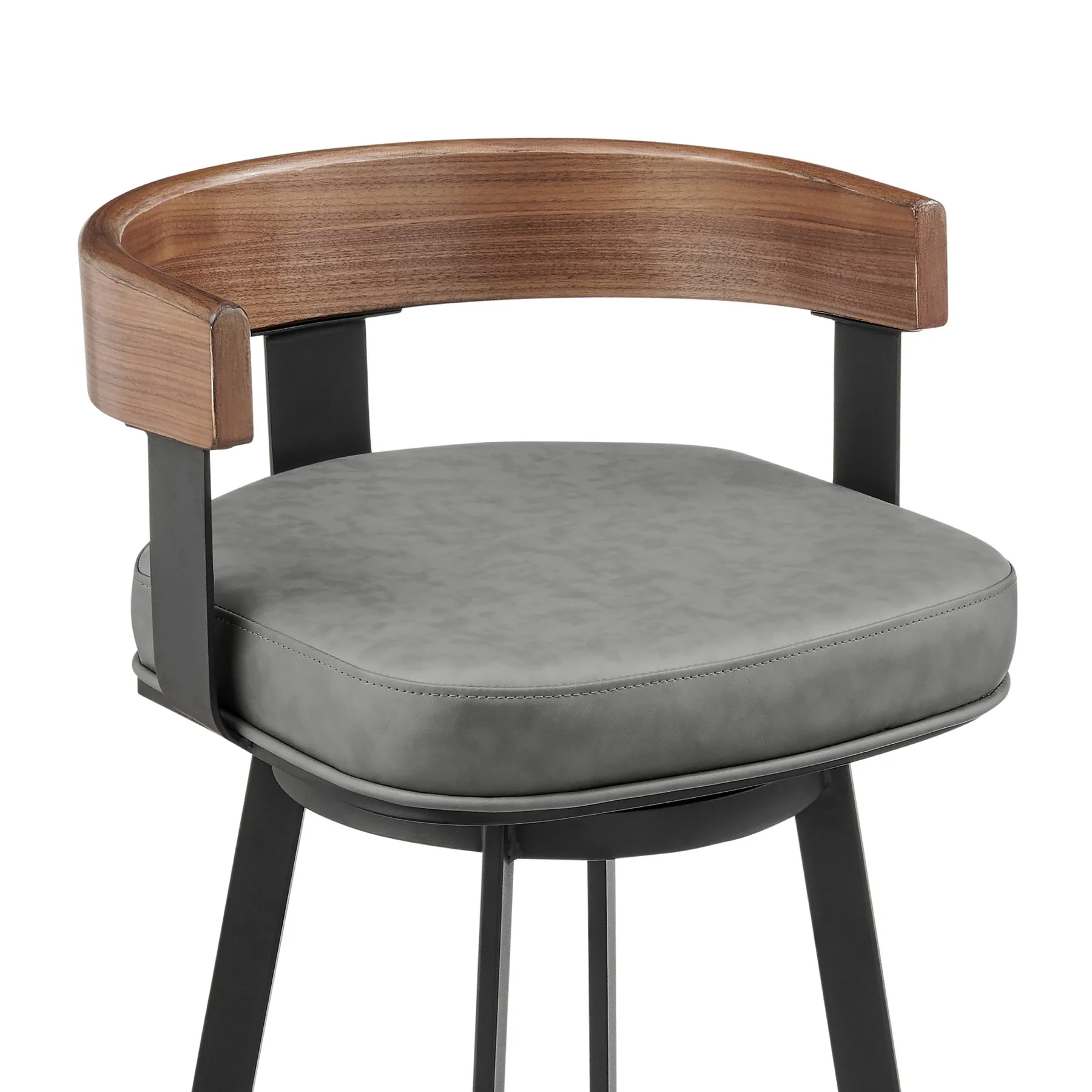 Idris 30" Swivel Bar Stool in Black Iron with Walnut Finish and Vintage Gray Faux Leather - Image 4