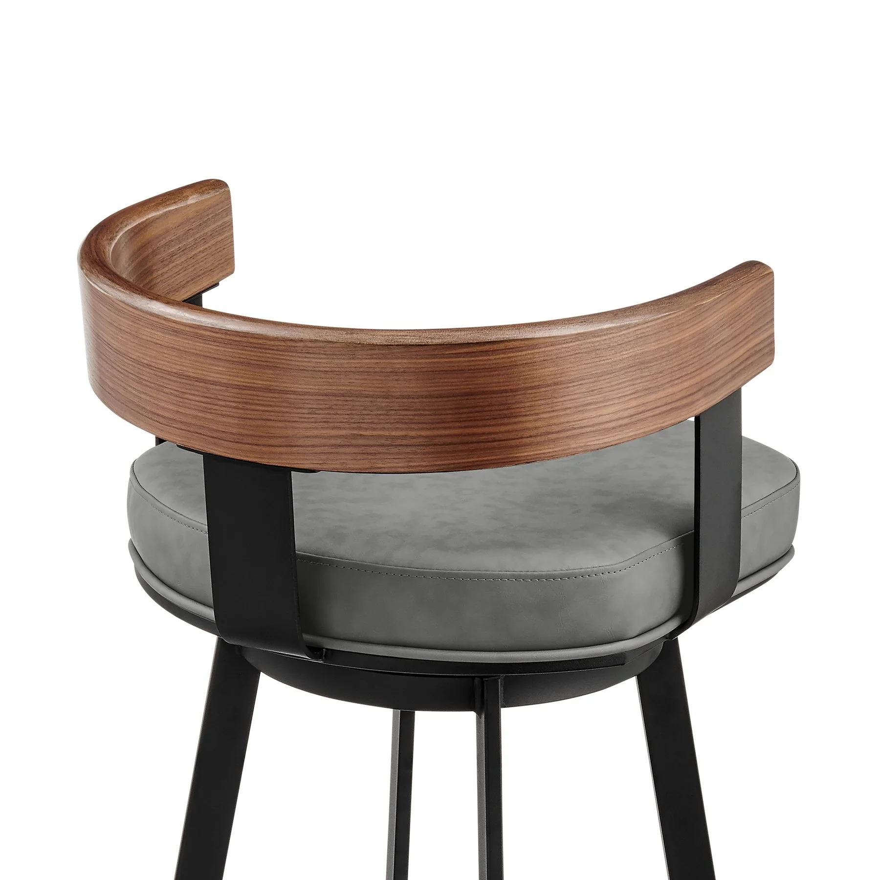Idris 30" Swivel Bar Stool in Black Iron with Walnut Finish and Vintage Gray Faux Leather - Image 5