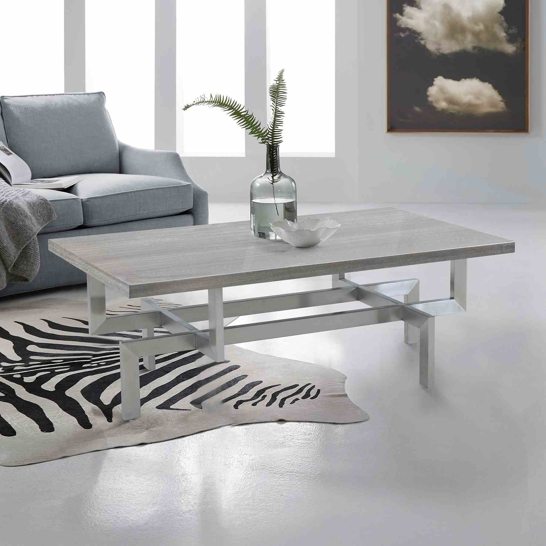 Illusion Gray Wood Coffee Table with Brushed Stainless Steel Base - Image 6