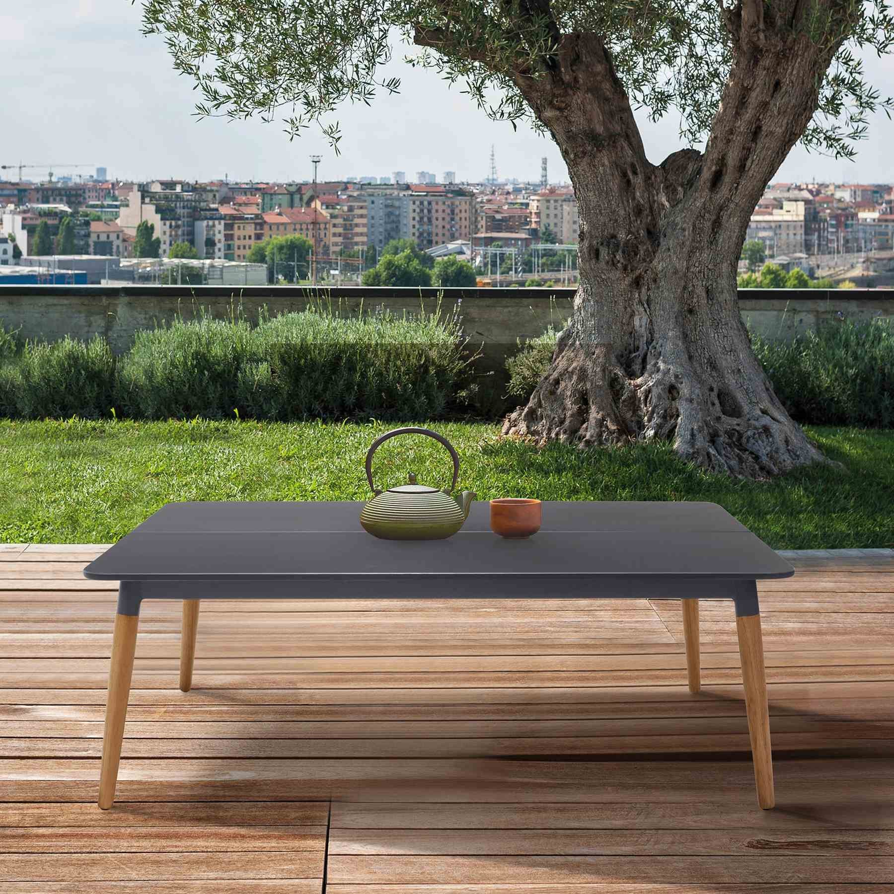 Ipanema Outdoor Dark Gray Rectangular Coffee Table with Teak Legs - Image 6