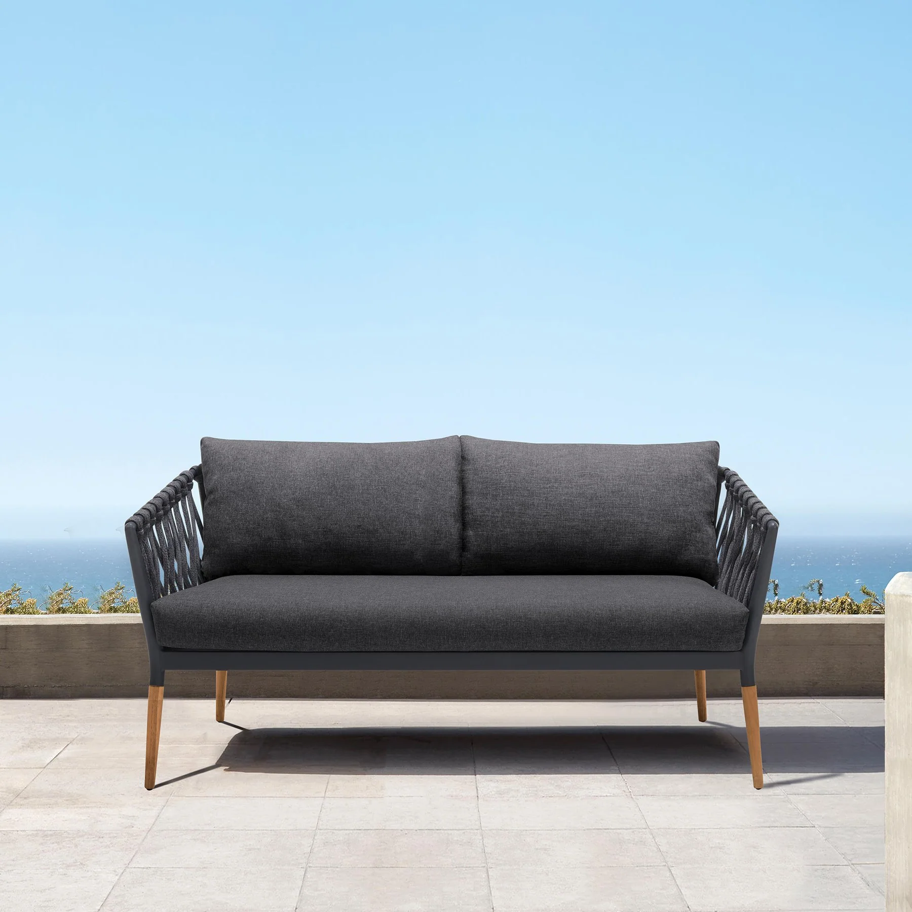 Ipanema Outdoor Teak Wood and Rope Sofa with Dark Gray Olefin - Image 7