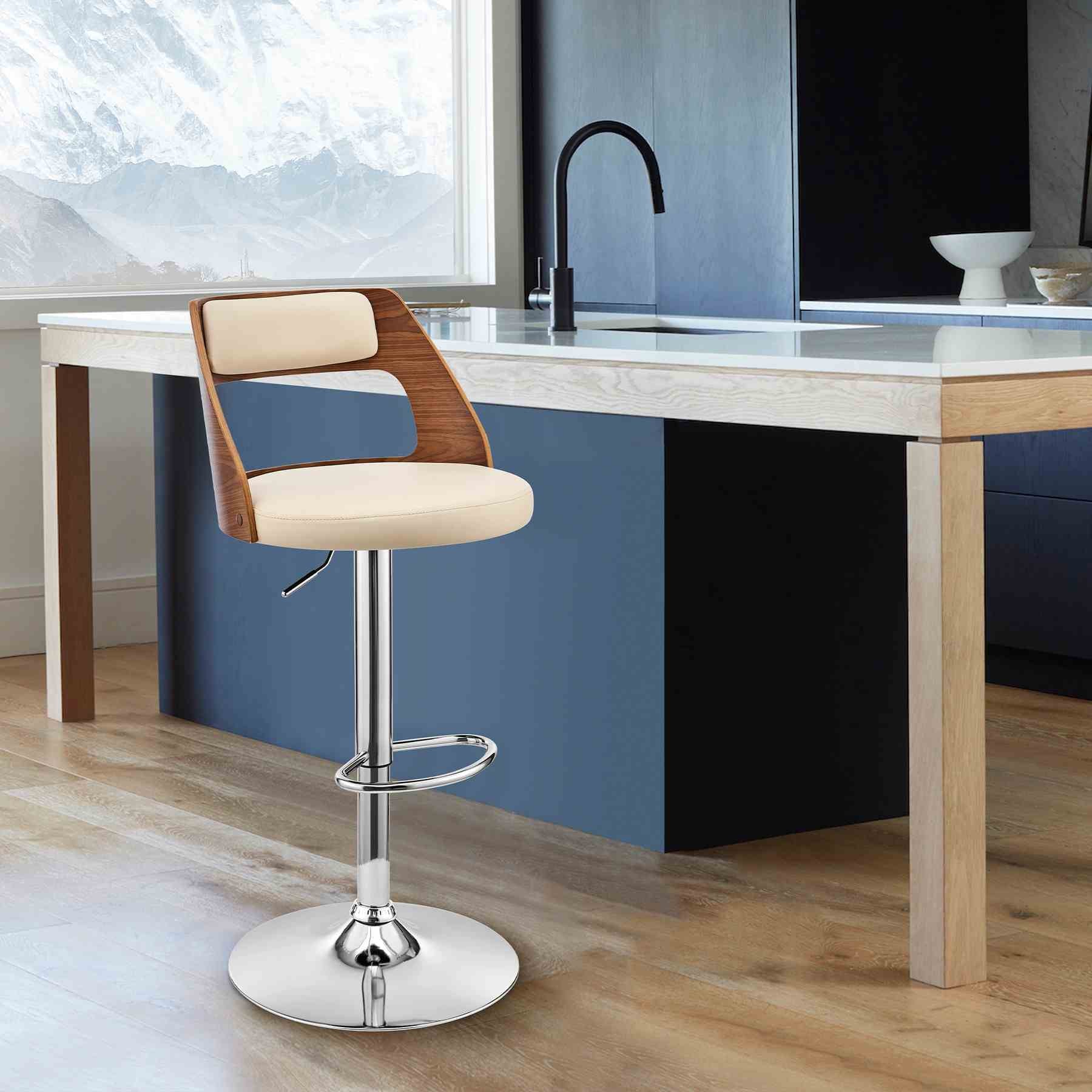 Itzan Adjustable Swivel Cream Faux Leather and Walnut Wood Bar Stool with Chrome Base - Image 10