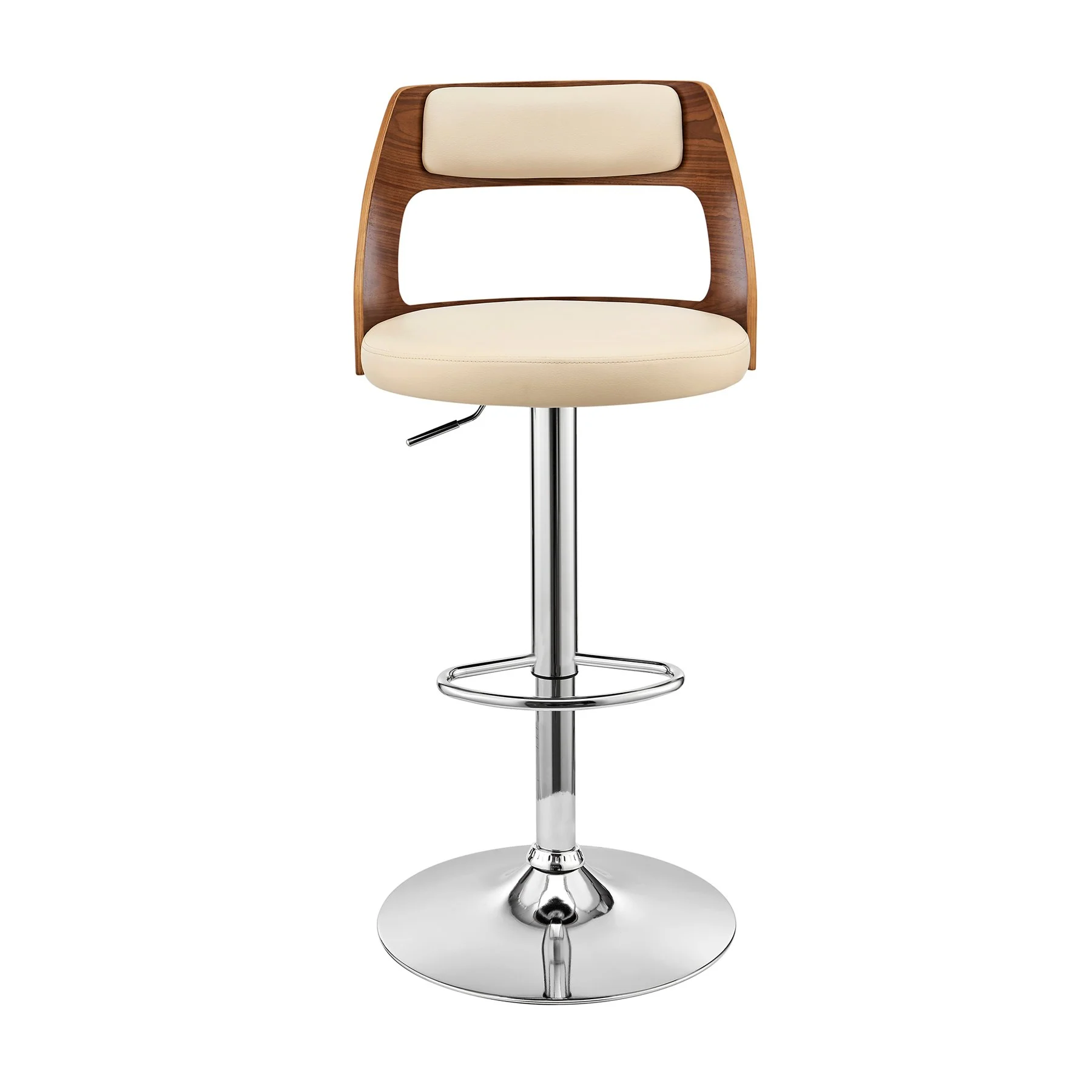 Itzan Adjustable Swivel Cream Faux Leather and Walnut Wood Bar Stool with Chrome Base - Image 2