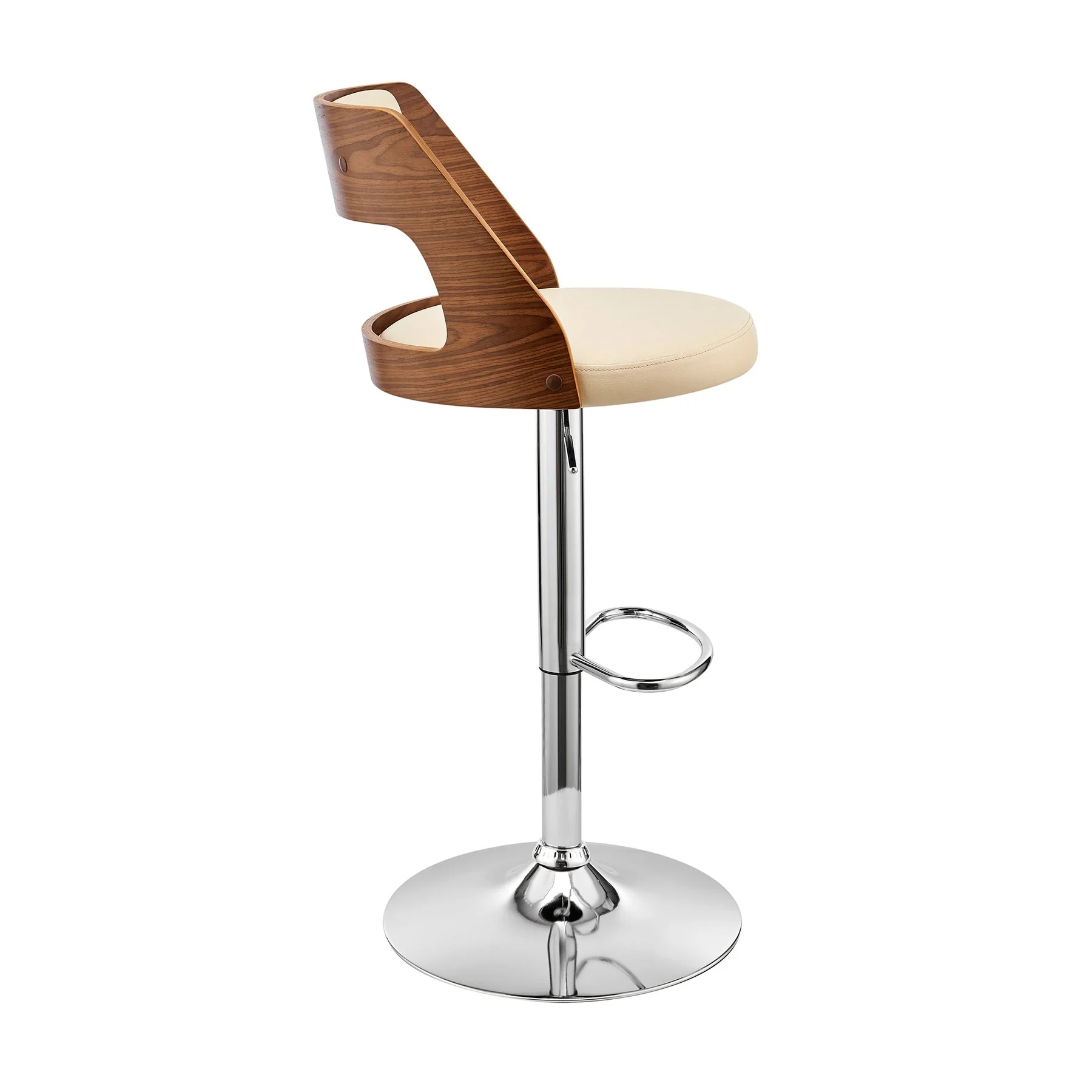 Itzan Adjustable Swivel Cream Faux Leather and Walnut Wood Bar Stool with Chrome Base - Image 3