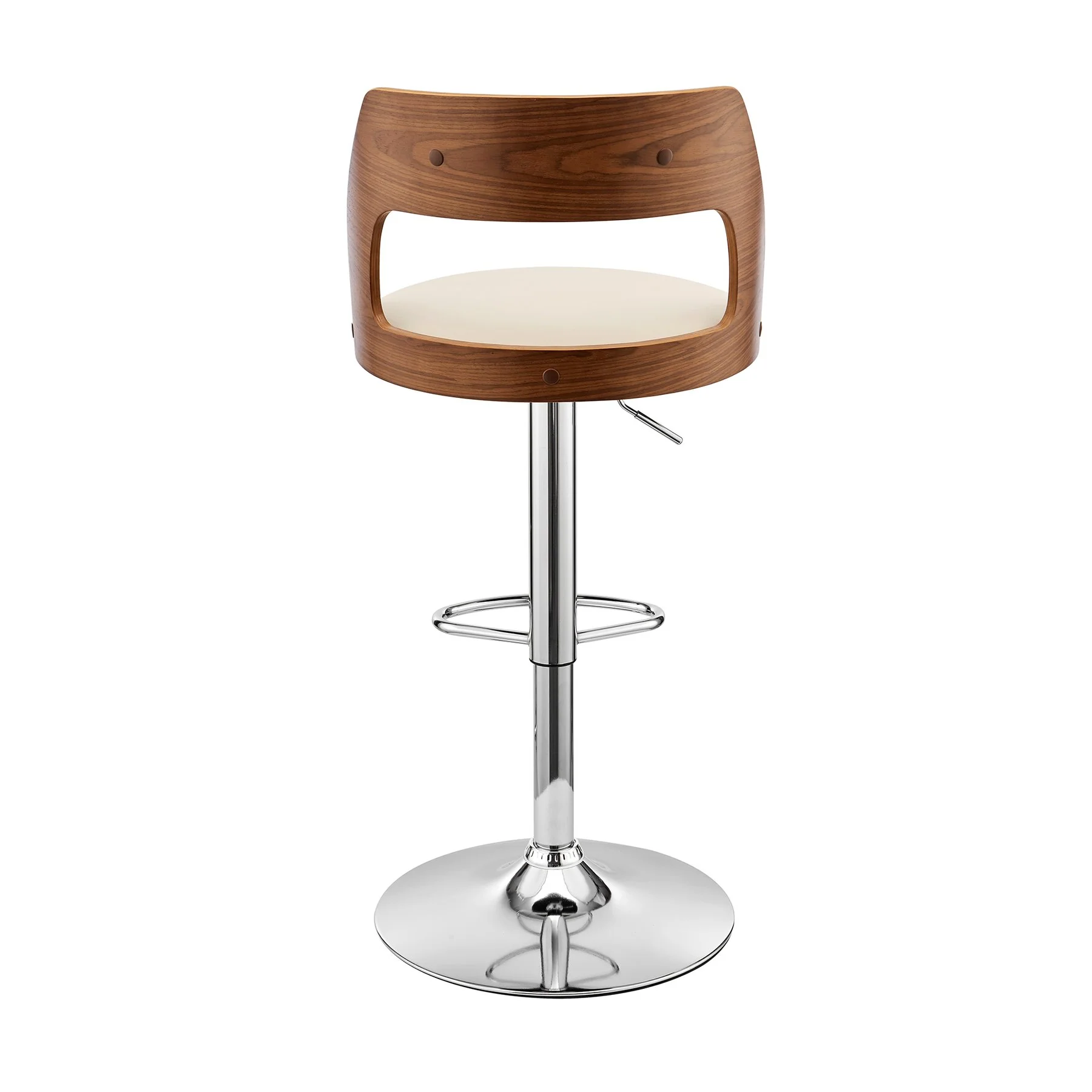 Itzan Adjustable Swivel Cream Faux Leather and Walnut Wood Bar Stool with Chrome Base - Image 5