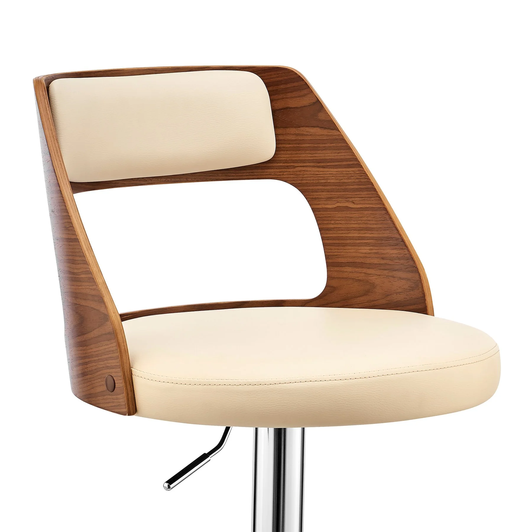 Itzan Adjustable Swivel Cream Faux Leather and Walnut Wood Bar Stool with Chrome Base - Image 6