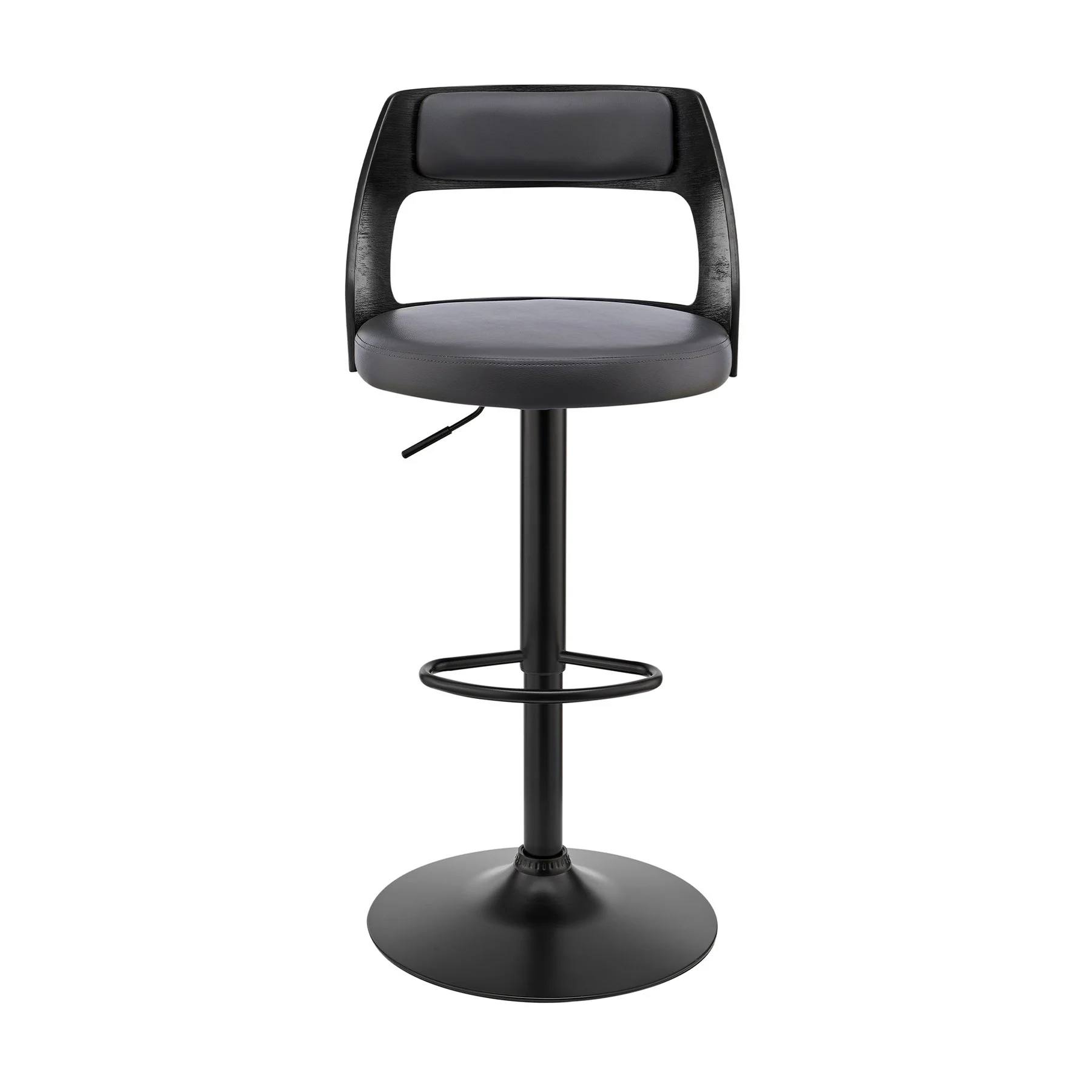 Itzan Adjustable Swivel Gray Faux Leather and Black Wood Bar Stool with Black Base - Image 2