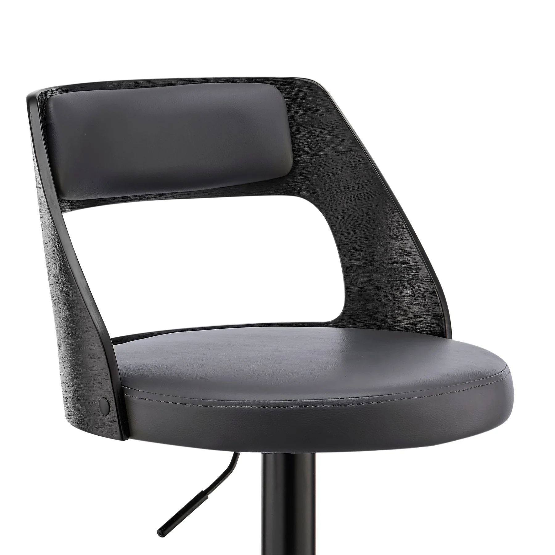 Itzan Adjustable Swivel Gray Faux Leather and Black Wood Bar Stool with Black Base - Image 6
