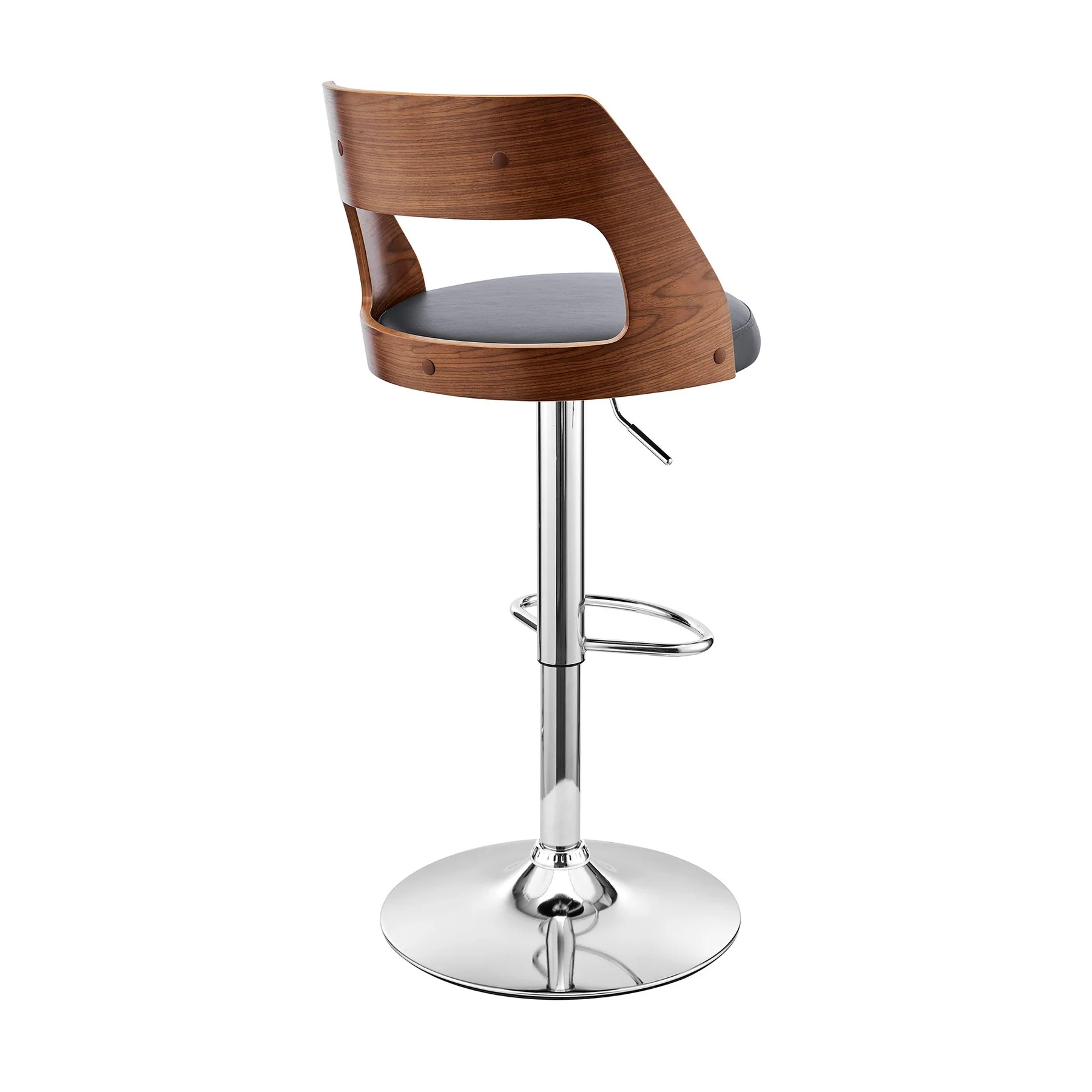 Itzan Adjustable Swivel Gray Faux Leather and Walnut Wood Bar Stool with Chrome Base - Image 4