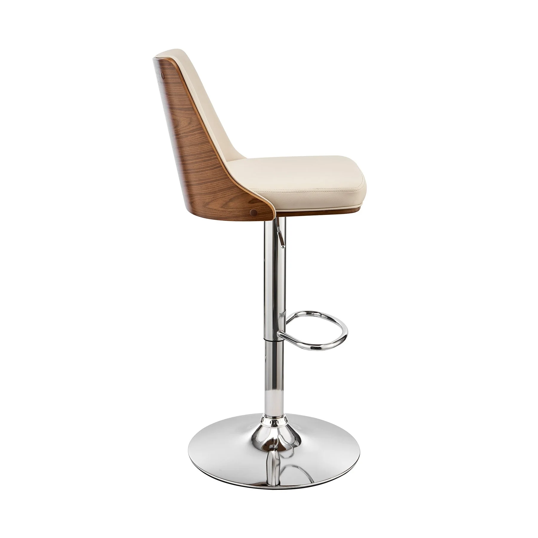 Jacob Adjustable and Swivel Cream Faux Leather and Walnut Wood Bar Stool with Chrome Base - Image 3