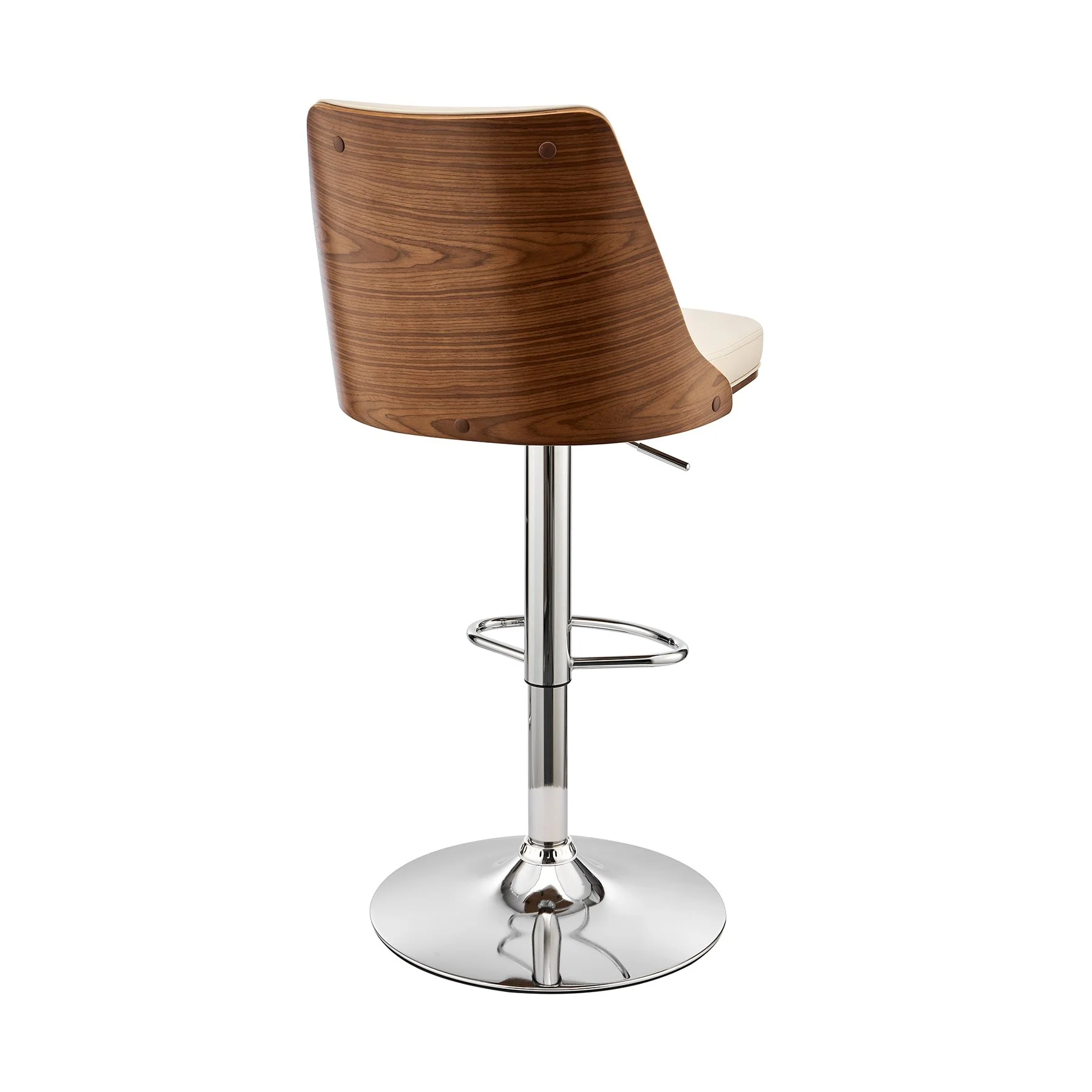 Jacob Adjustable and Swivel Cream Faux Leather and Walnut Wood Bar Stool with Chrome Base - Image 4