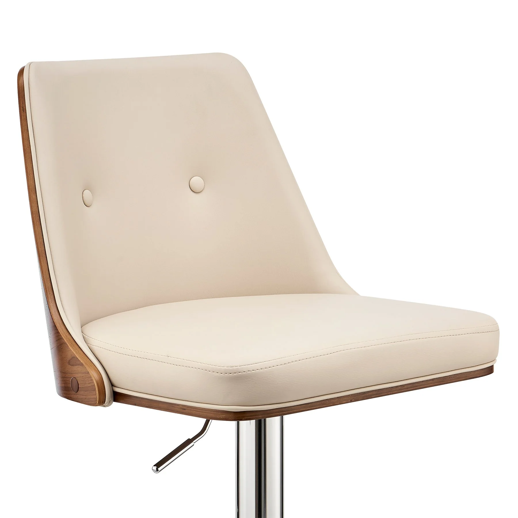 Jacob Adjustable and Swivel Cream Faux Leather and Walnut Wood Bar Stool with Chrome Base - Image 6
