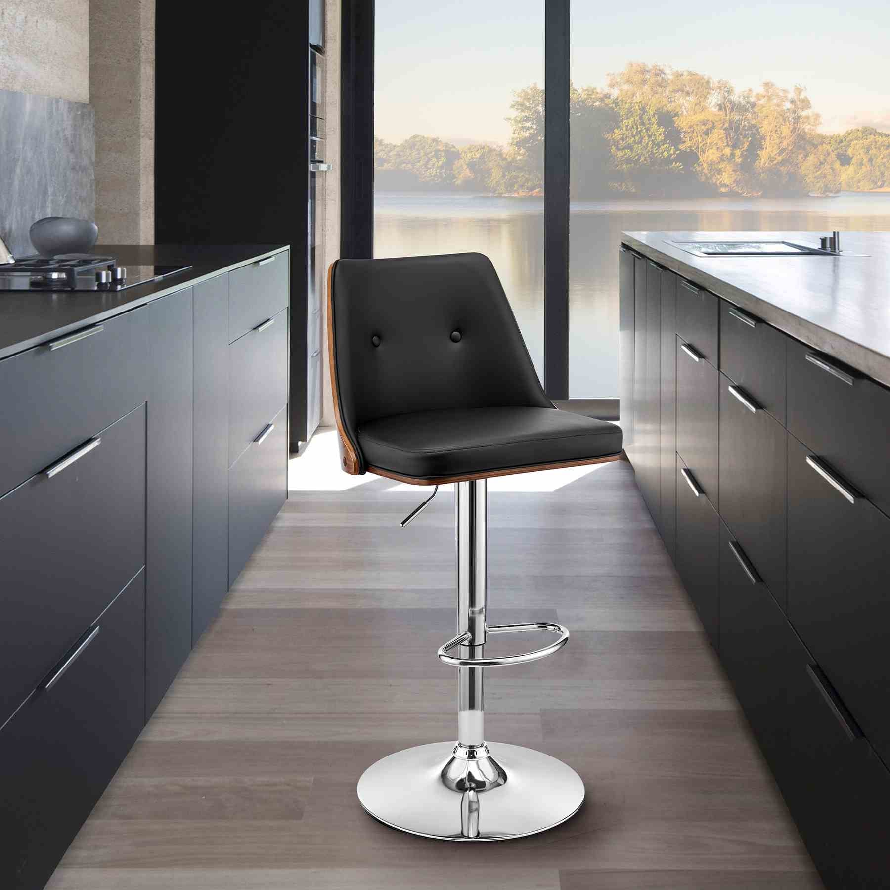 Jacob Adjustable Swivel Black Faux Leather and Walnut Wood Bar Stool with Chrome Base - Image 10