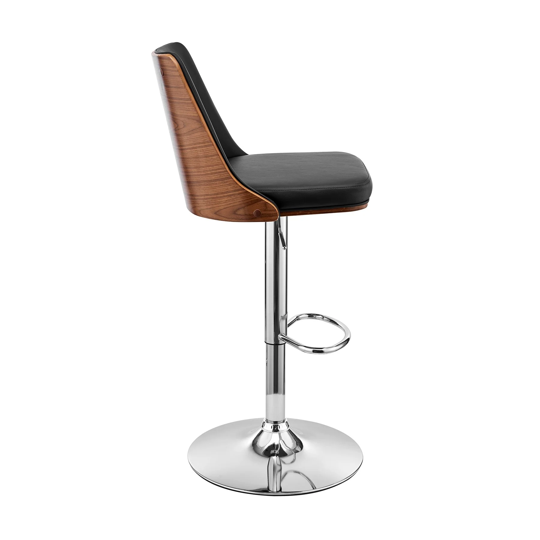 Jacob Adjustable Swivel Black Faux Leather and Walnut Wood Bar Stool with Chrome Base - Image 3