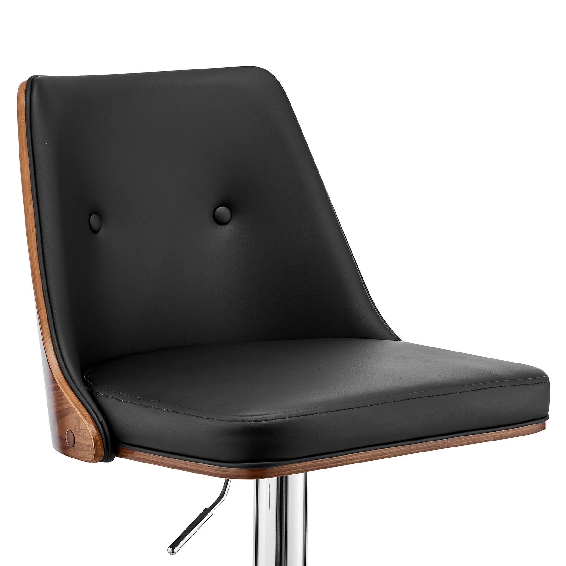 Jacob Adjustable Swivel Black Faux Leather and Walnut Wood Bar Stool with Chrome Base - Image 6