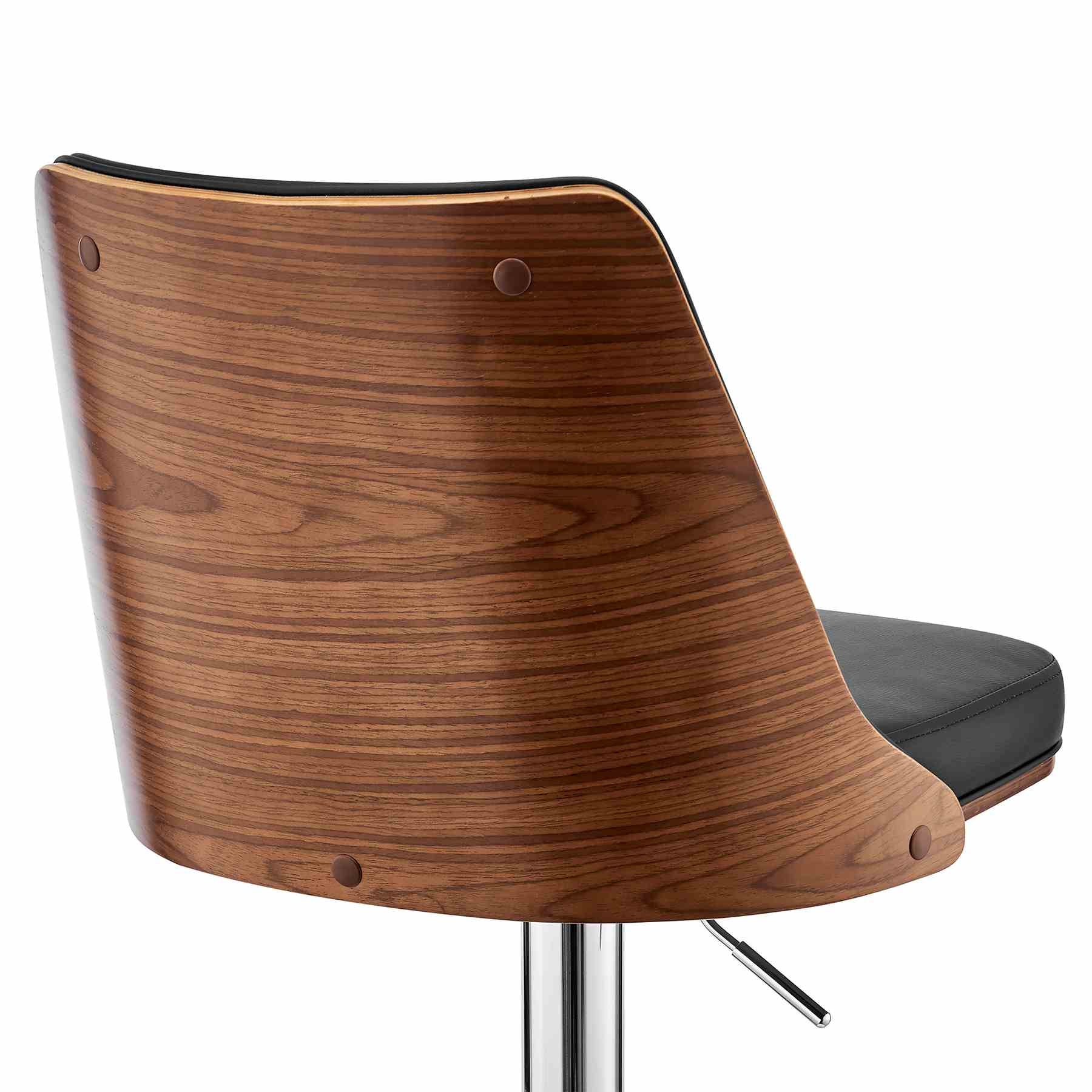 Jacob Adjustable Swivel Black Faux Leather and Walnut Wood Bar Stool with Chrome Base - Image 7