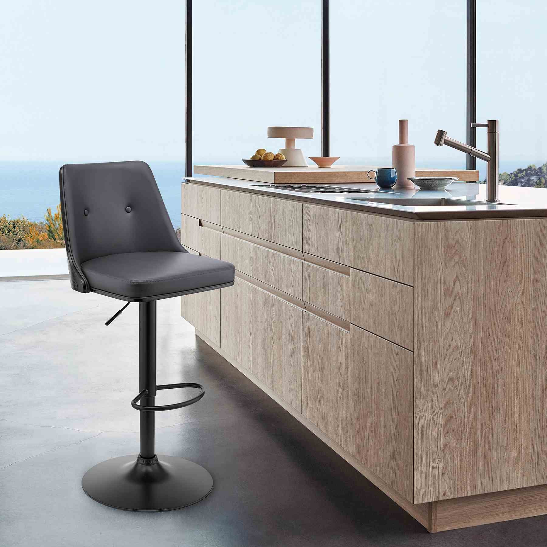 Jacob Adjustable Swivel Gray Faux Leather and Black Wood Bar Stool with Black Base - Image 10