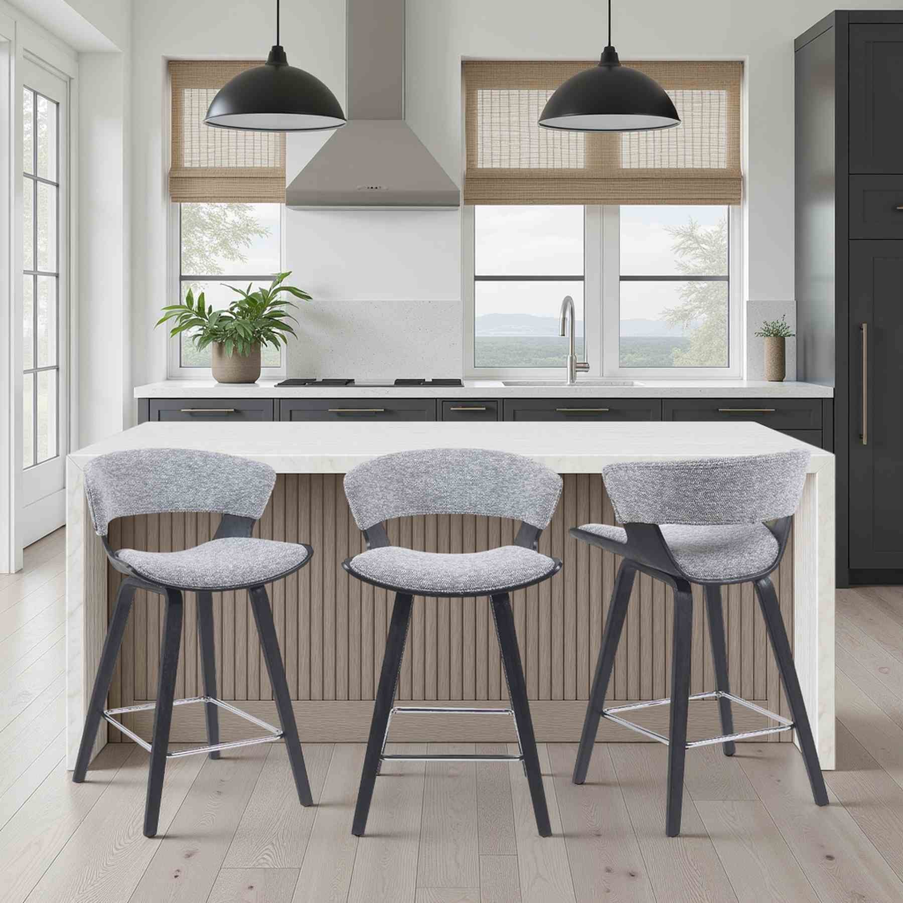 Jagger Modern Counter Height Bar Stool in Black Brushed Wood Veneer with Gravel Grey Upholstered Seat - Image 8