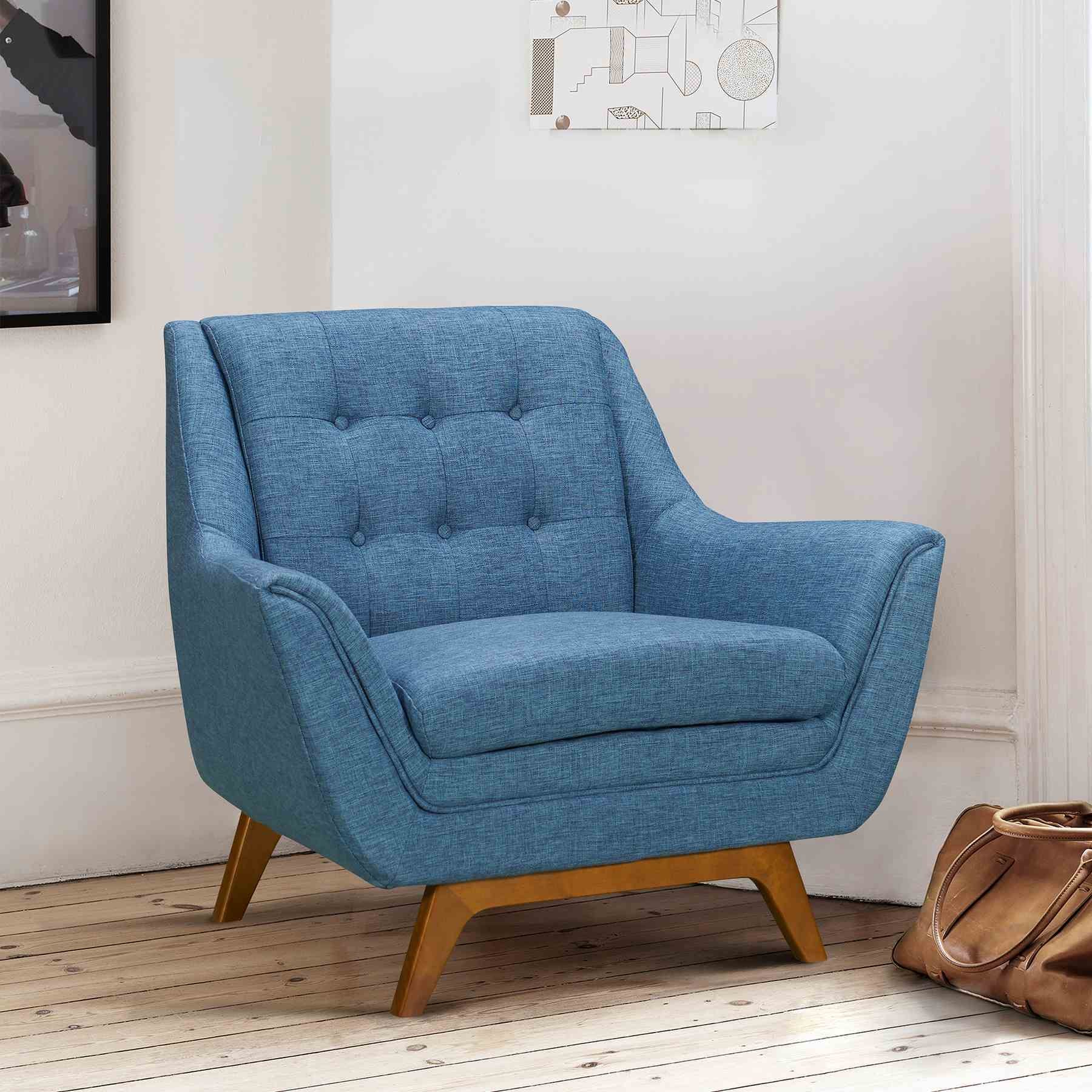 Janson Mid-Century Sofa Chair in Champagne Wood Finish and Blue Fabric - Image 4