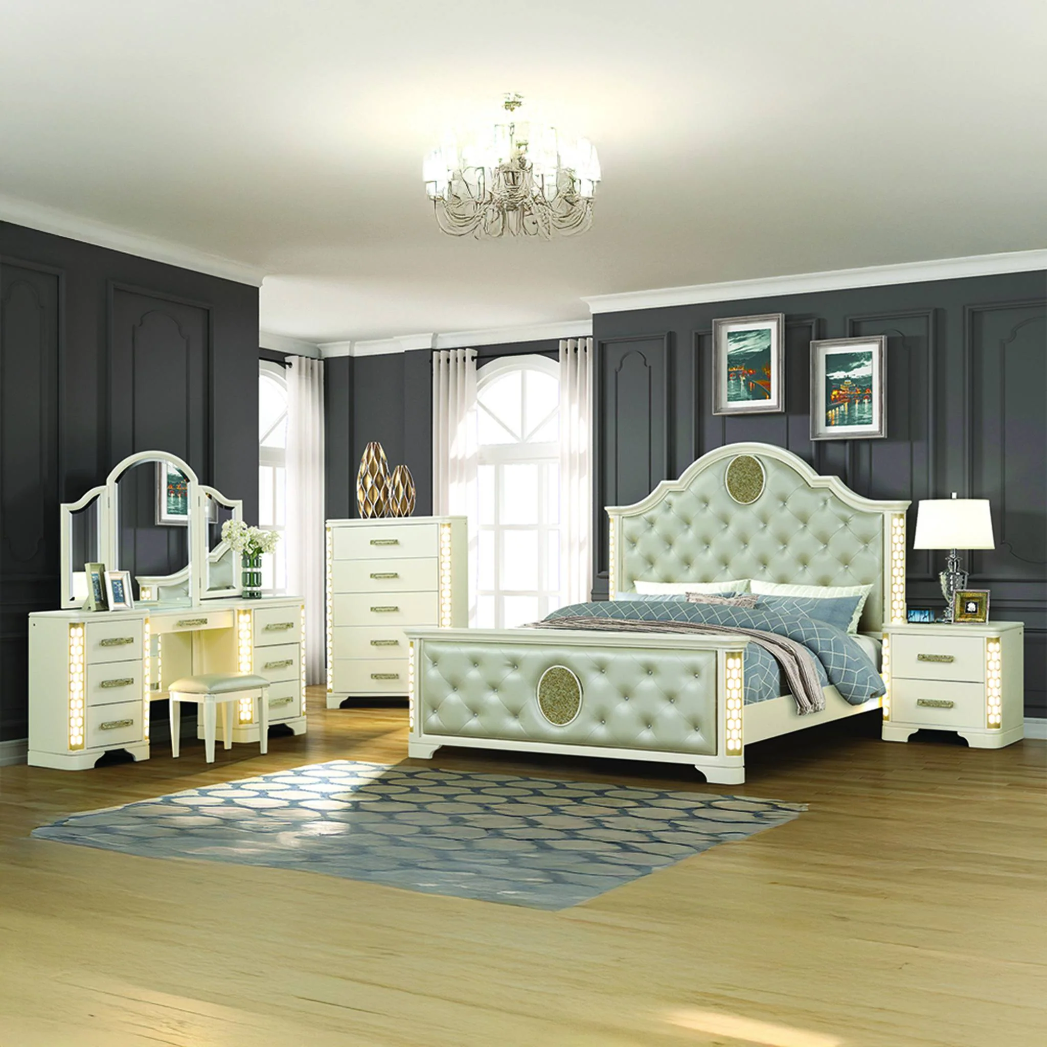 Jasmine King 5PC with Vanity Bedroom Set Beige - Image 25