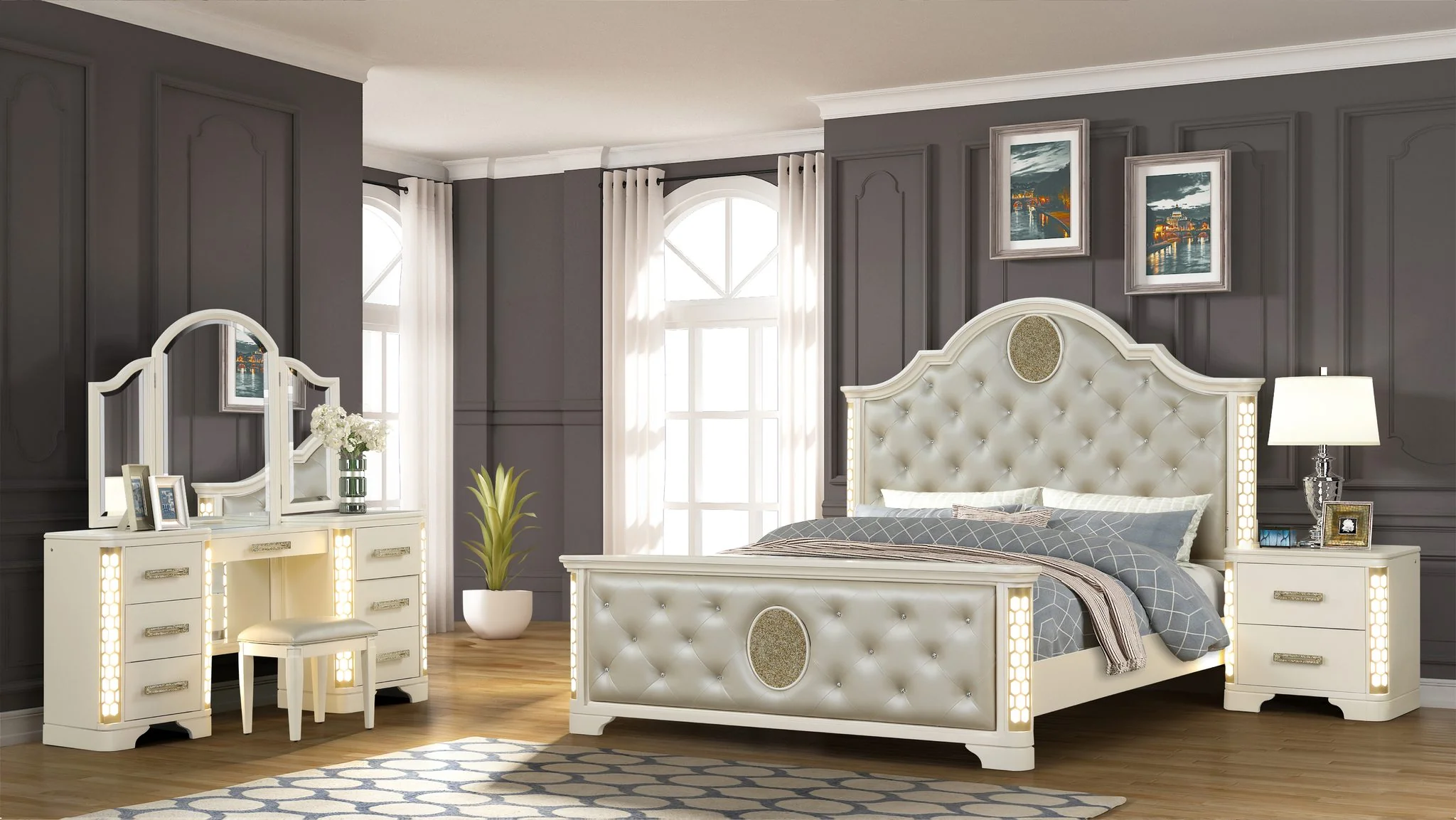 Jasmine Queen 4 PC with Vanity Bedroom set Beige