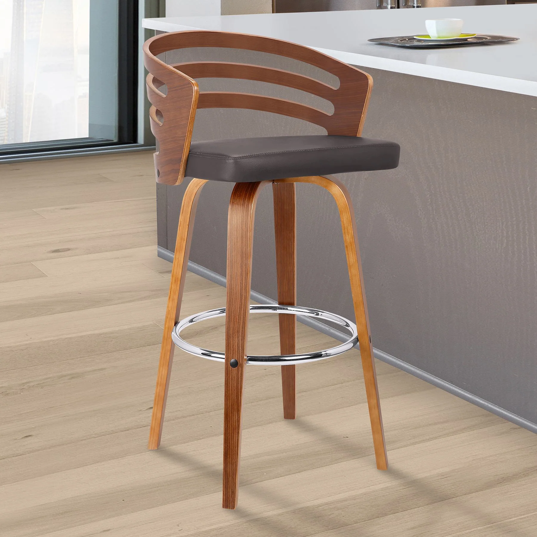 Jayden 26" Counter Height Swivel Brown Faux Leather and Walnut Wood Bar Stool - Image 8