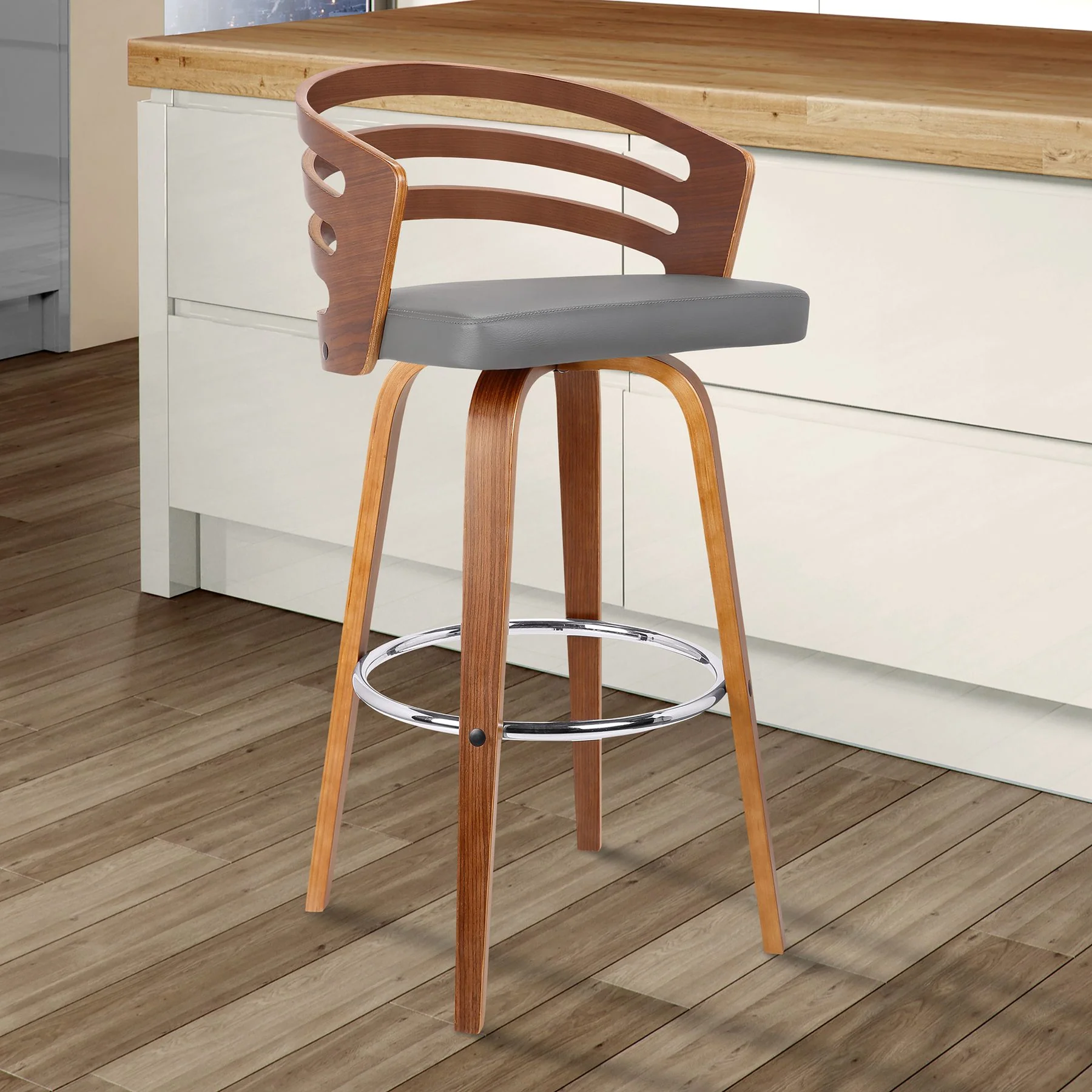 Jayden 26" Counter Height Swivel Gray Faux Leather and Walnut Wood Bar Stool - Image 8