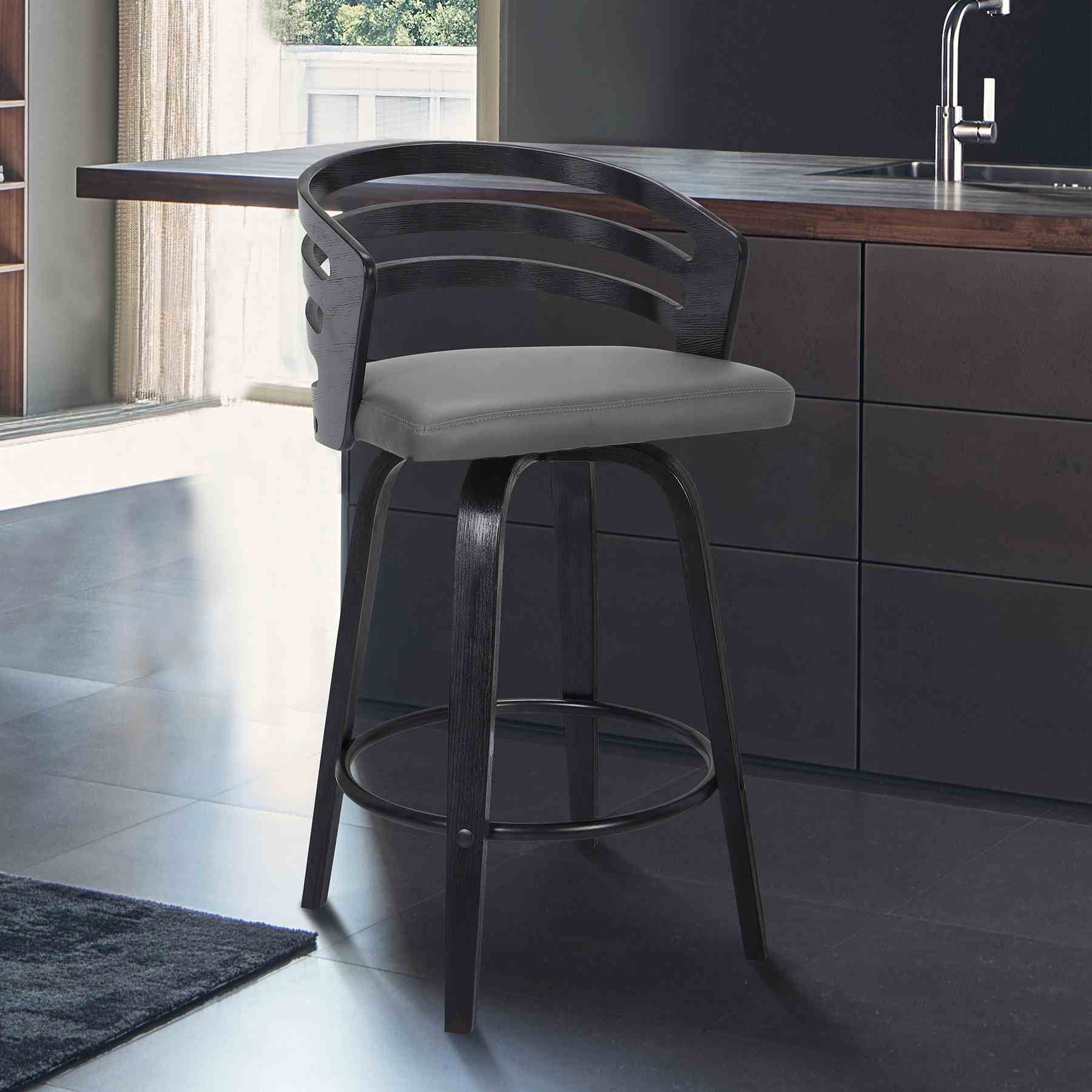 Jayden 30" Bar Height Swivel Gray Faux Leather and Black Wood Bar Stool - Image 6