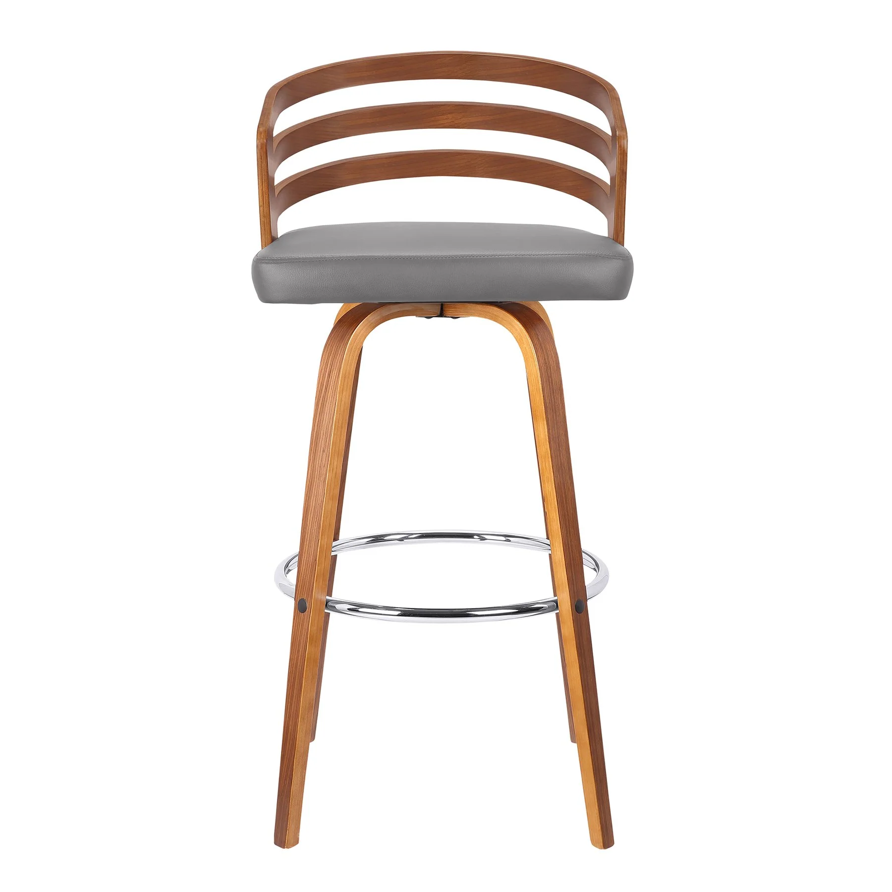 Jayden 30" Bar Height Swivel Gray Faux Leather and Walnut Wood Bar Stool - Image 2