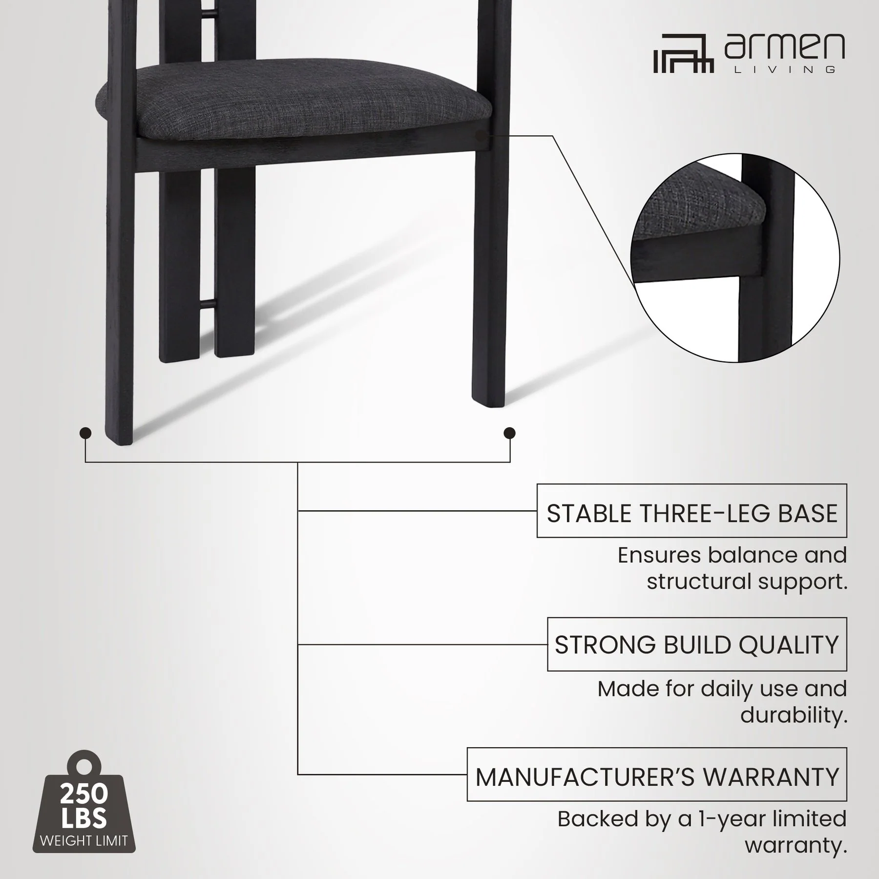 Jazmin Contemporary Dining Chair in Black Brushed Wood Finish and Charcoal Fabric - Set of 2 - Image 8