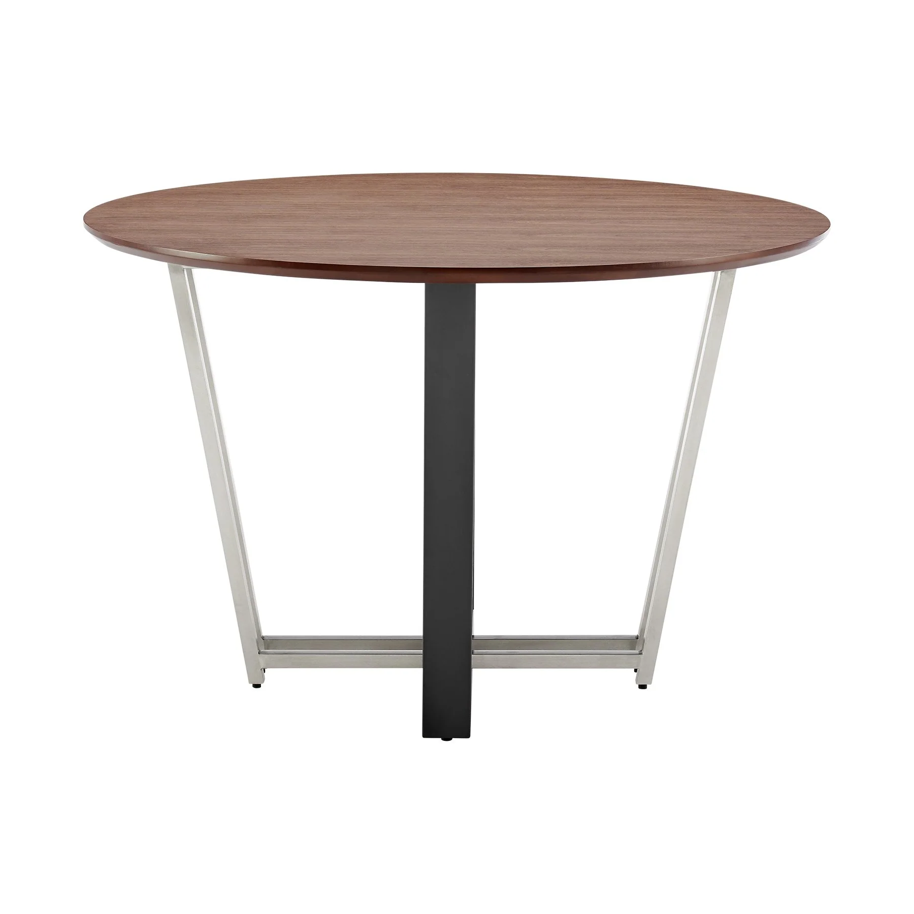 Joana 48" Round Dining Table in Brushed Stainless Steel and Black Iron Base with Walnut Tabletop - Image 2