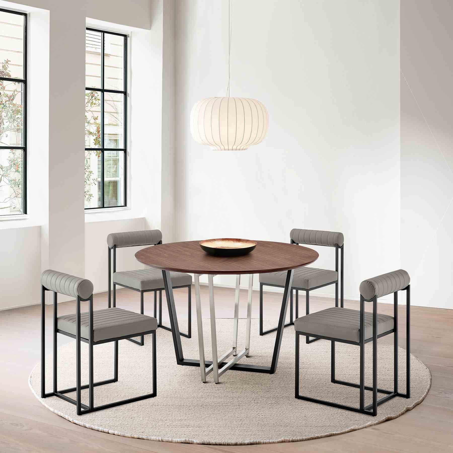 Joana 48" Round Dining Table in Brushed Stainless Steel and Black Iron Base with Walnut Tabletop - Image 9