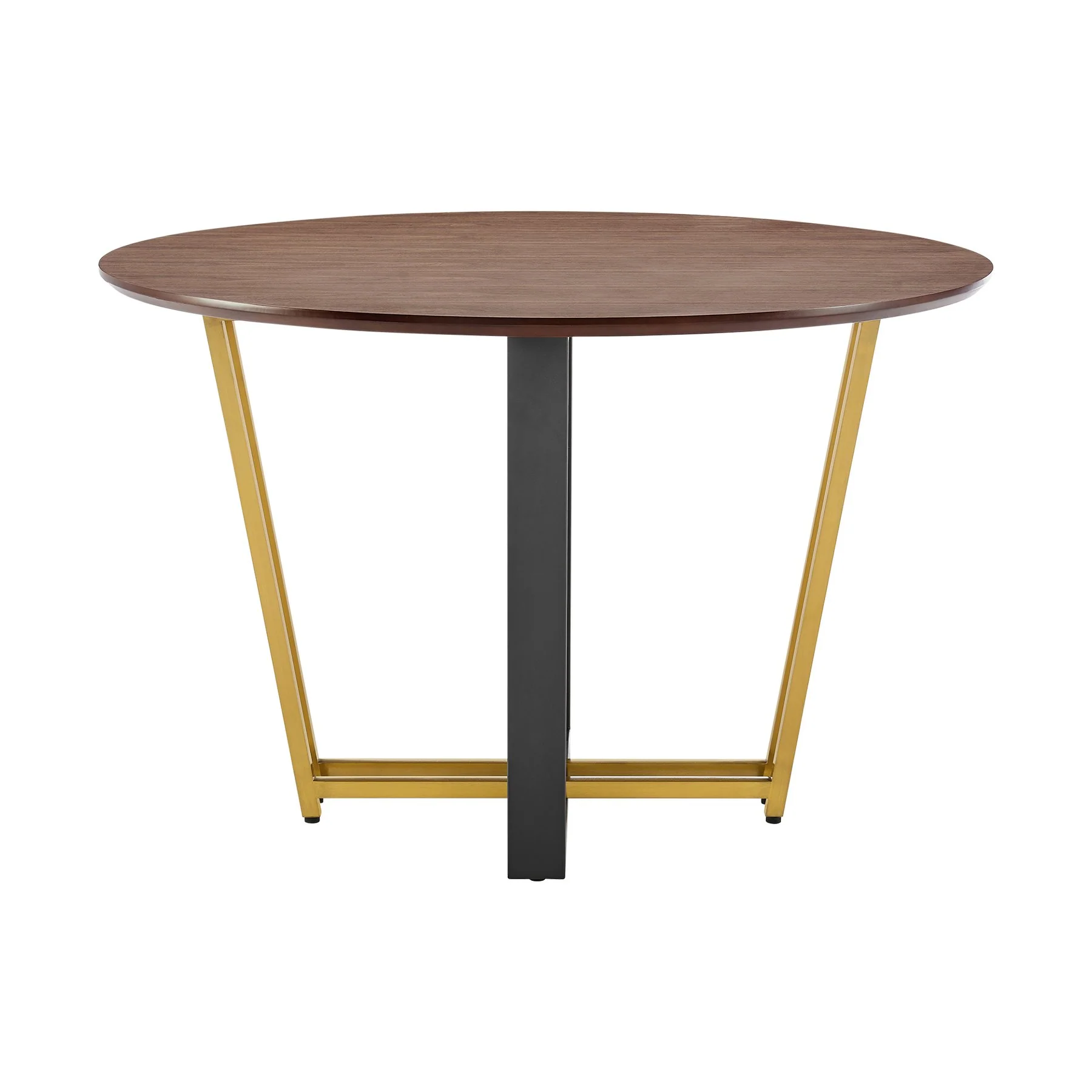 Joana 48" Round Dining Table in Gold Stainless Steel and Black Iron Base with Walnut Tabletop - Image 2