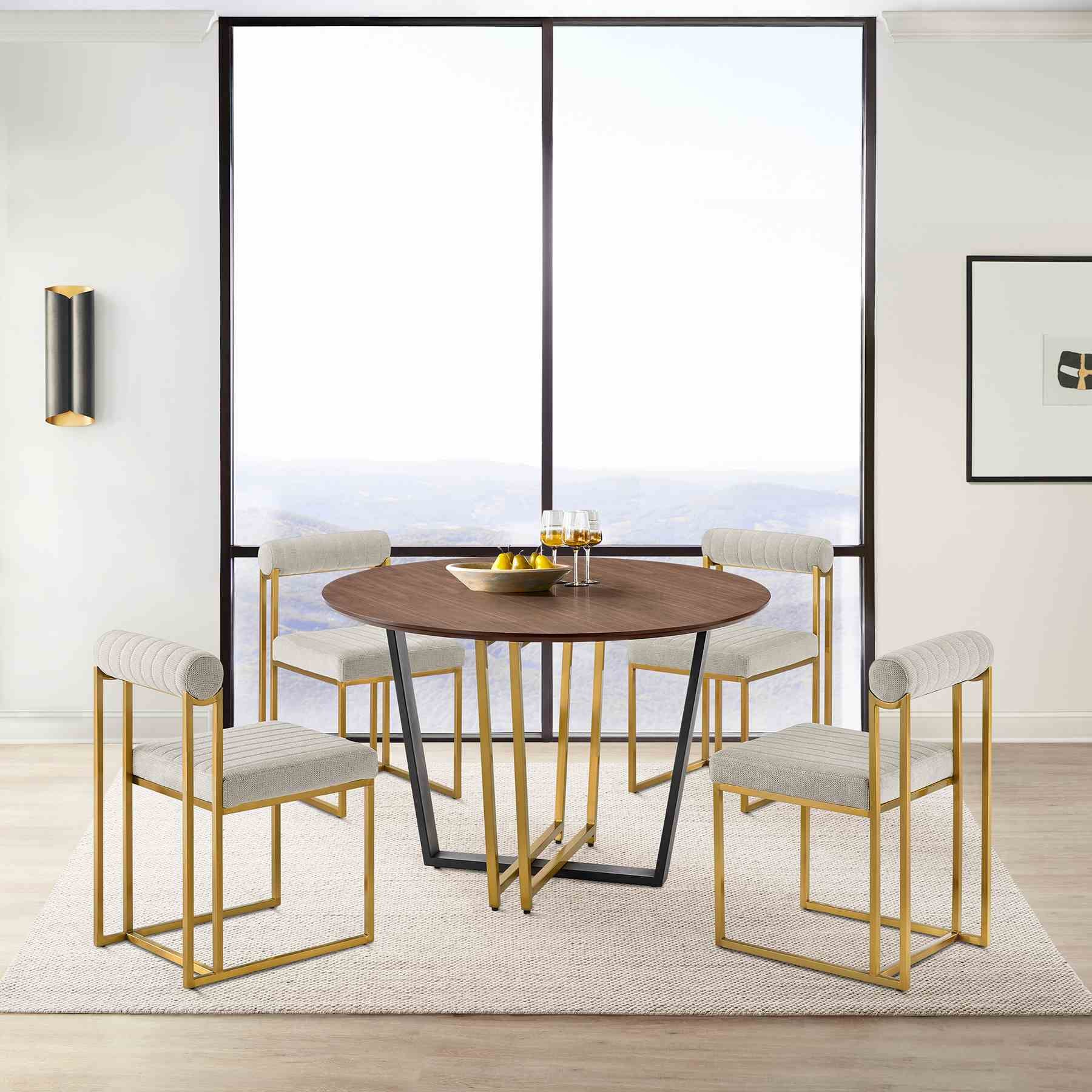 Joana 48" Round Dining Table in Gold Stainless Steel and Black Iron Base with Walnut Tabletop - Image 9