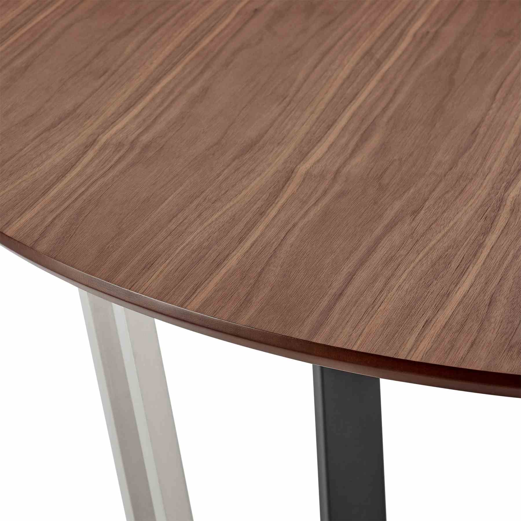 Joana Anastasia 5 Piece Round Walnut Dining Table Set with Brushed Stainless Steel and Blue Fabric - Image 7