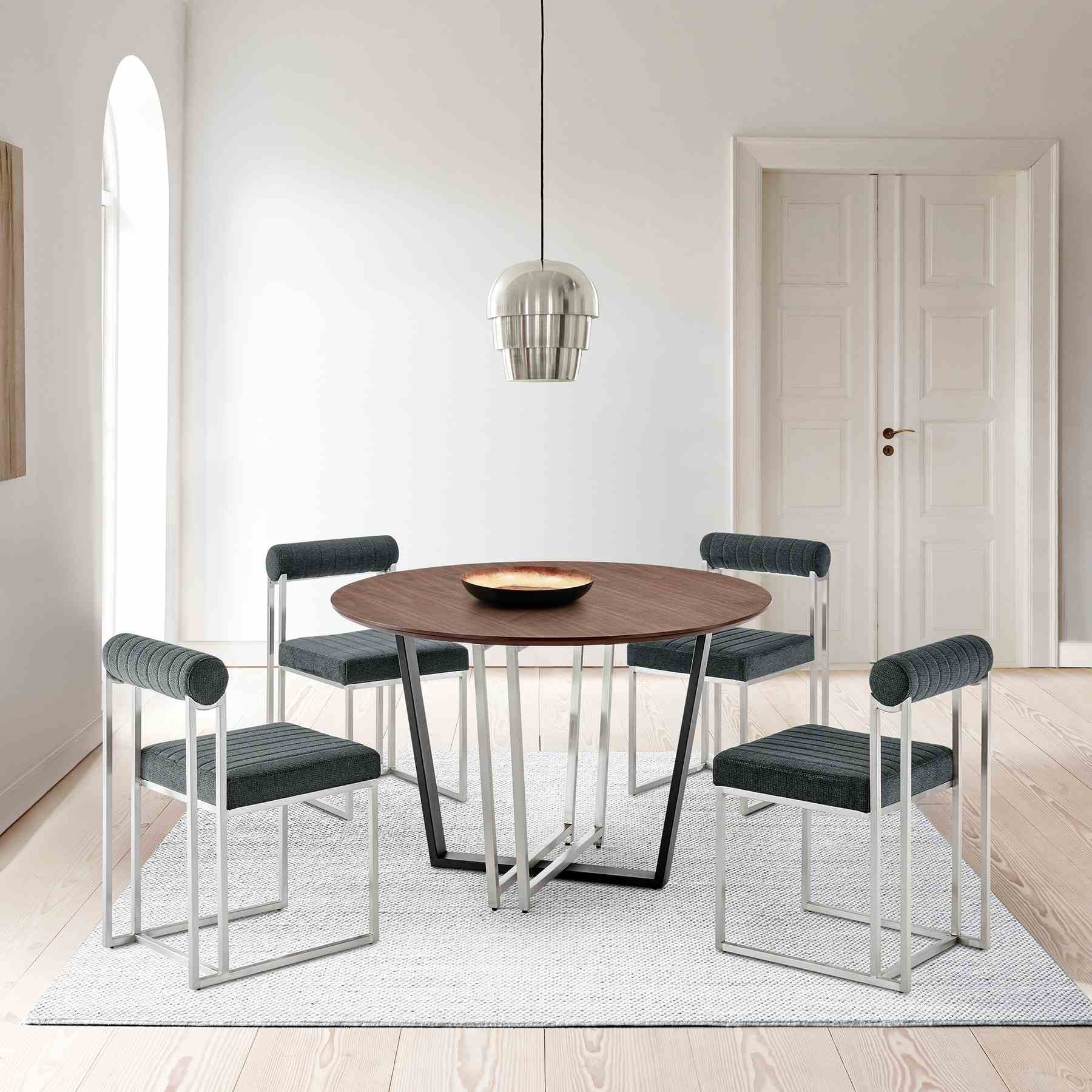 Joana Anastasia 5 Piece Round Walnut Dining Table Set with Brushed Stainless Steel and Charcoal Fabric - Image 10