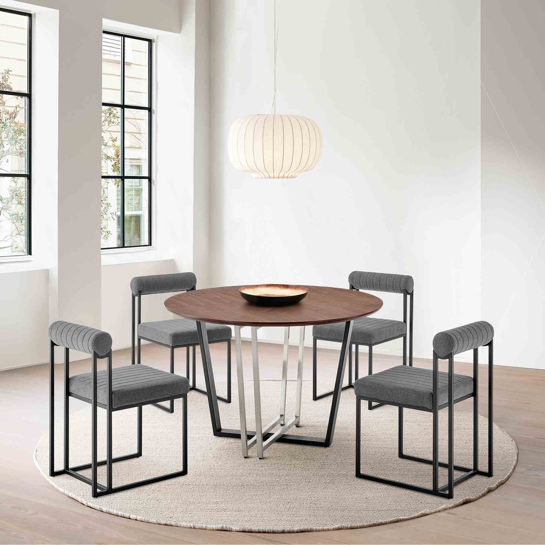 Joana Anastasia 5 Piece Round Walnut Dining Table Set with Matte Black Iron and Anchor Gray Fabric - Image 10