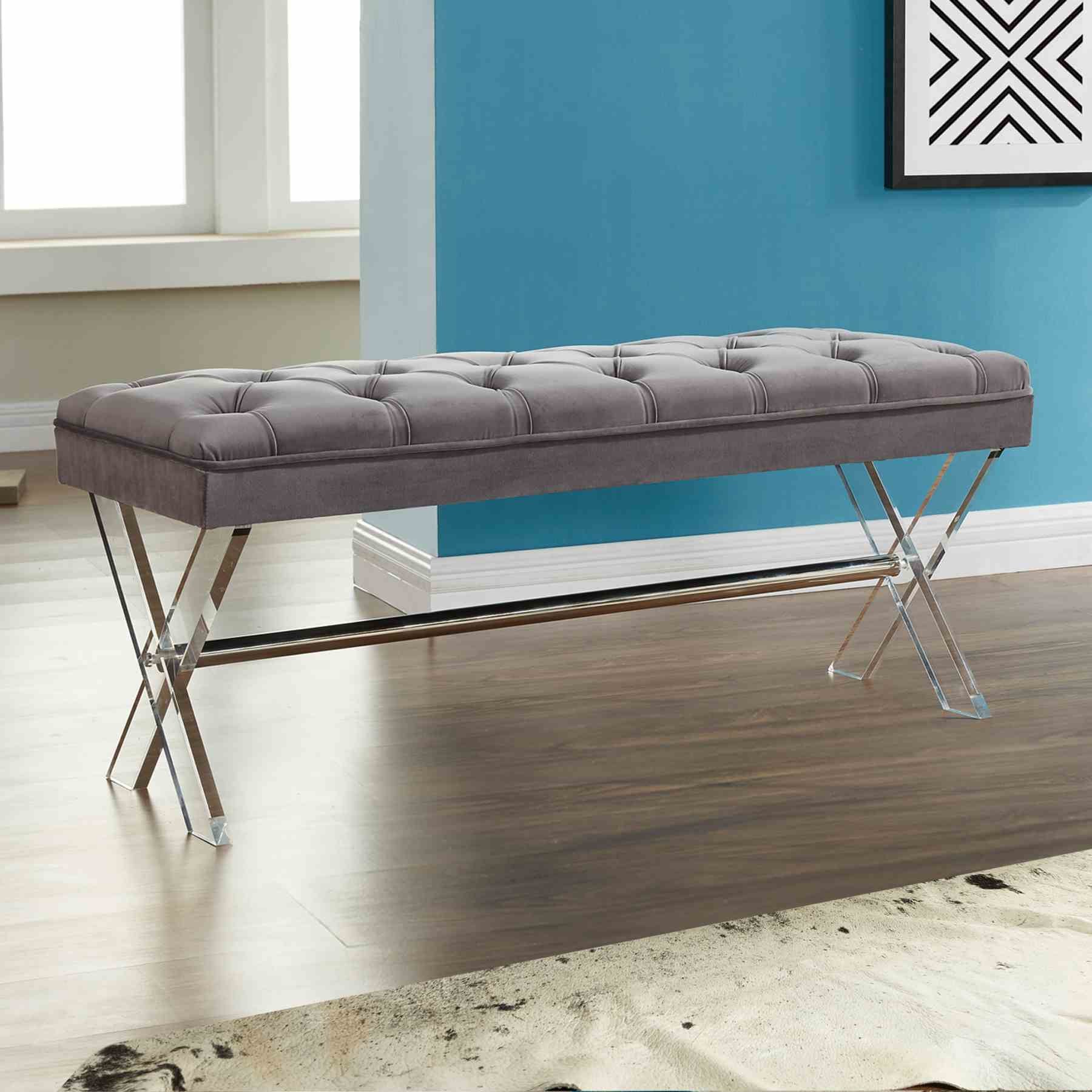 Joanna Ottoman Bench in Gray Tufted Velvet with Crystal Buttons and Acrylic Legs - Image 2