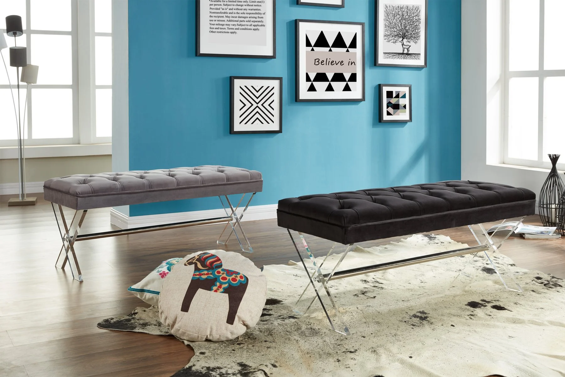 Joanna Ottoman Bench in Gray Tufted Velvet with Crystal Buttons and Acrylic Legs - Image 3