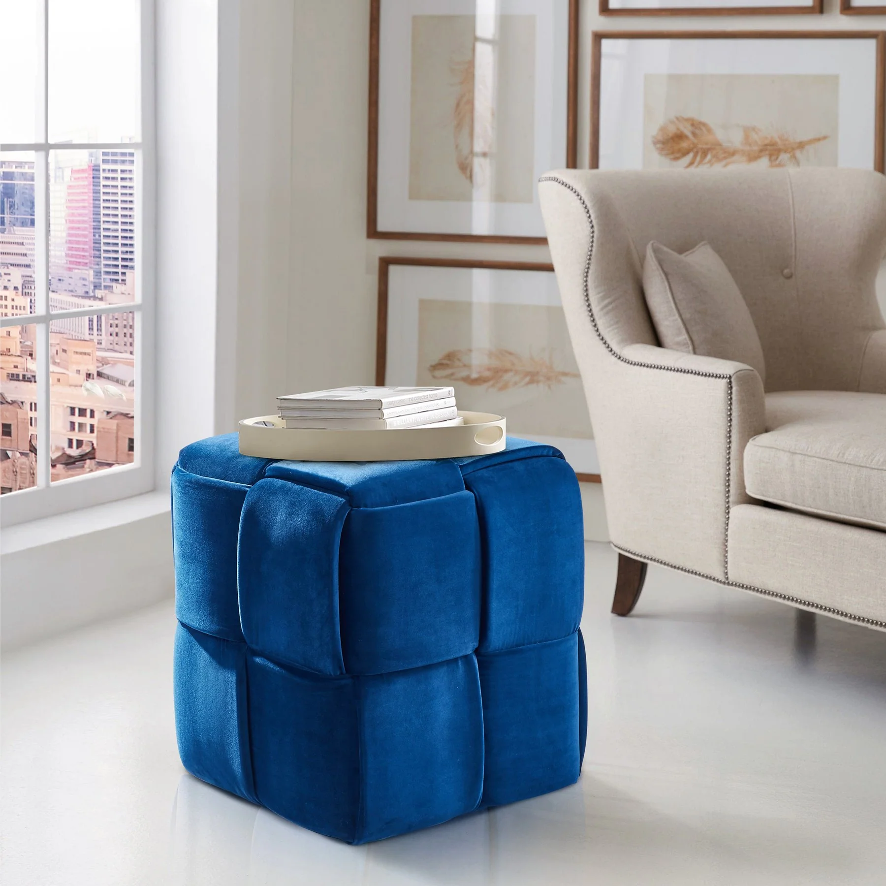 Joy Contemporary Short Ottoman in Blue Velvet - Image 3