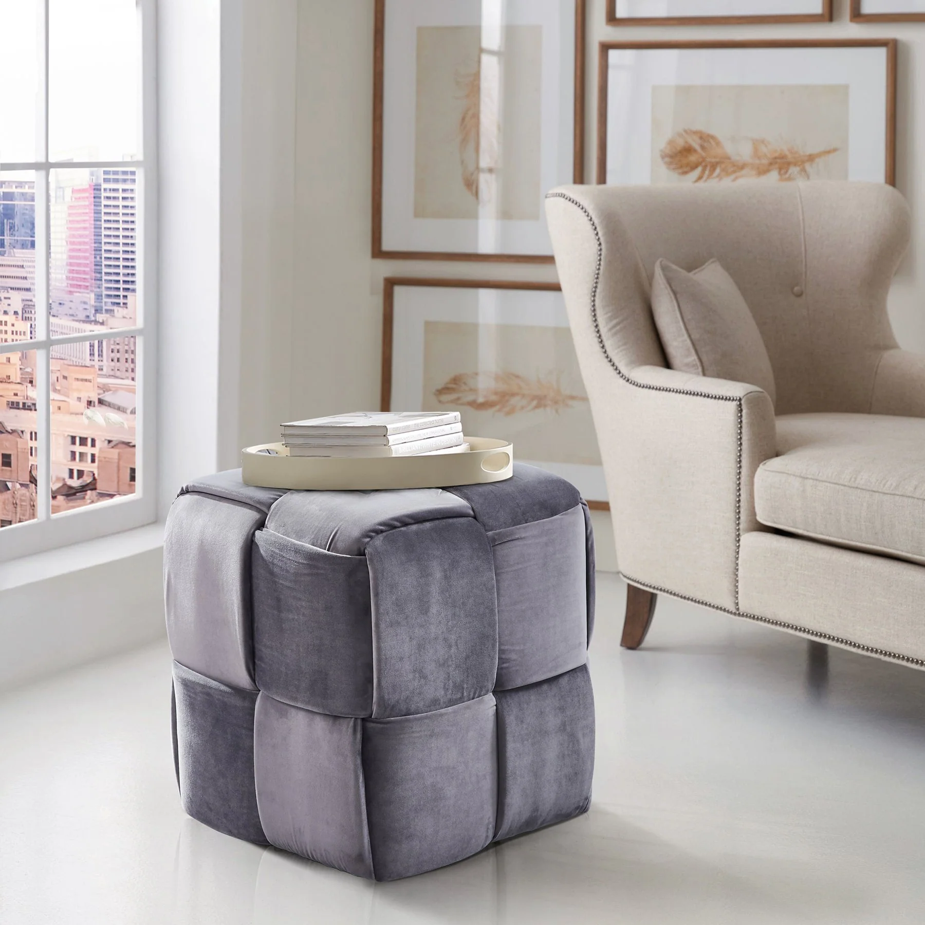 Joy Contemporary Short Ottoman in Gray Velvet - Image 3