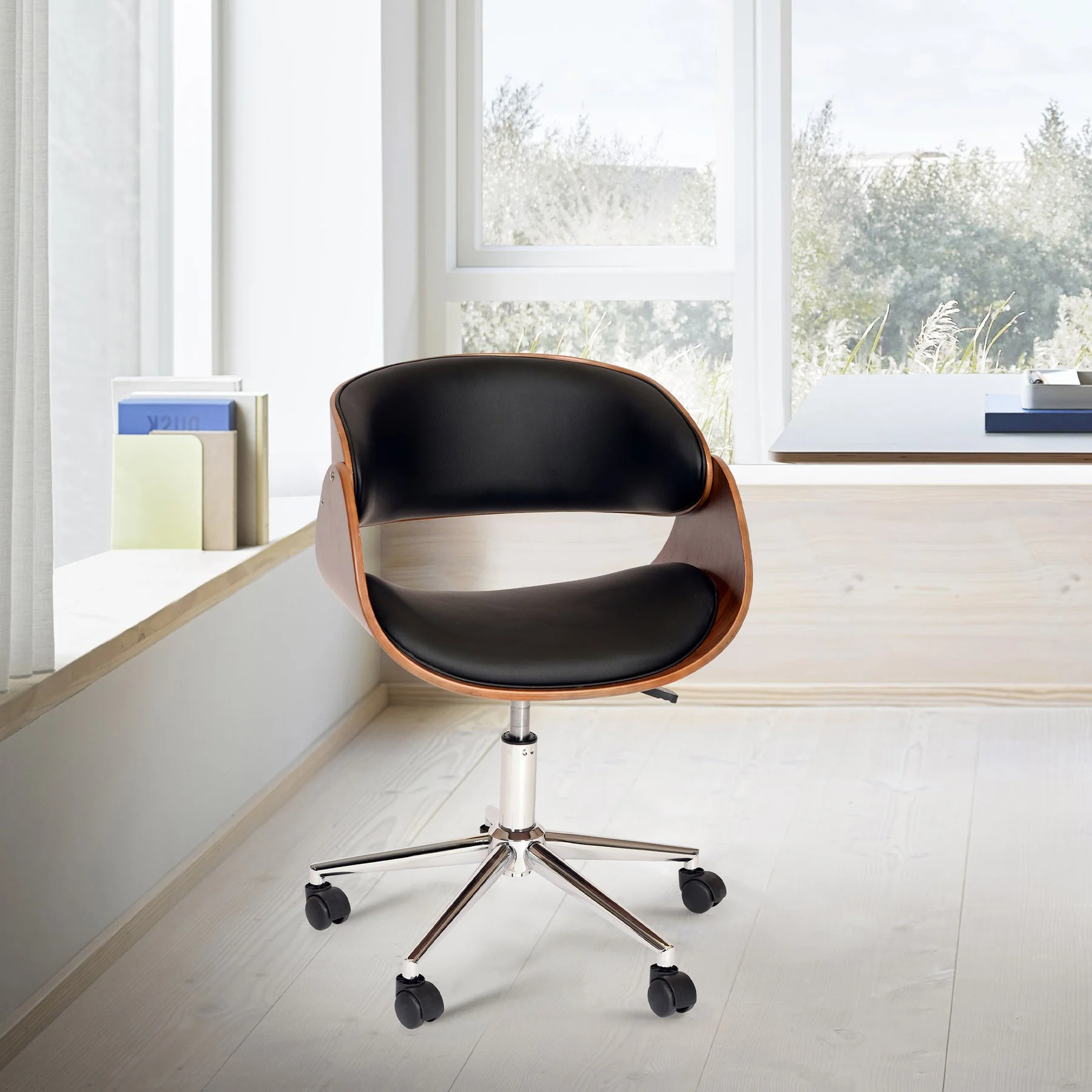Julian Modern Office Chair In Chrome Finish with Black Faux Leather And Walnut Veneer Back - Image 4