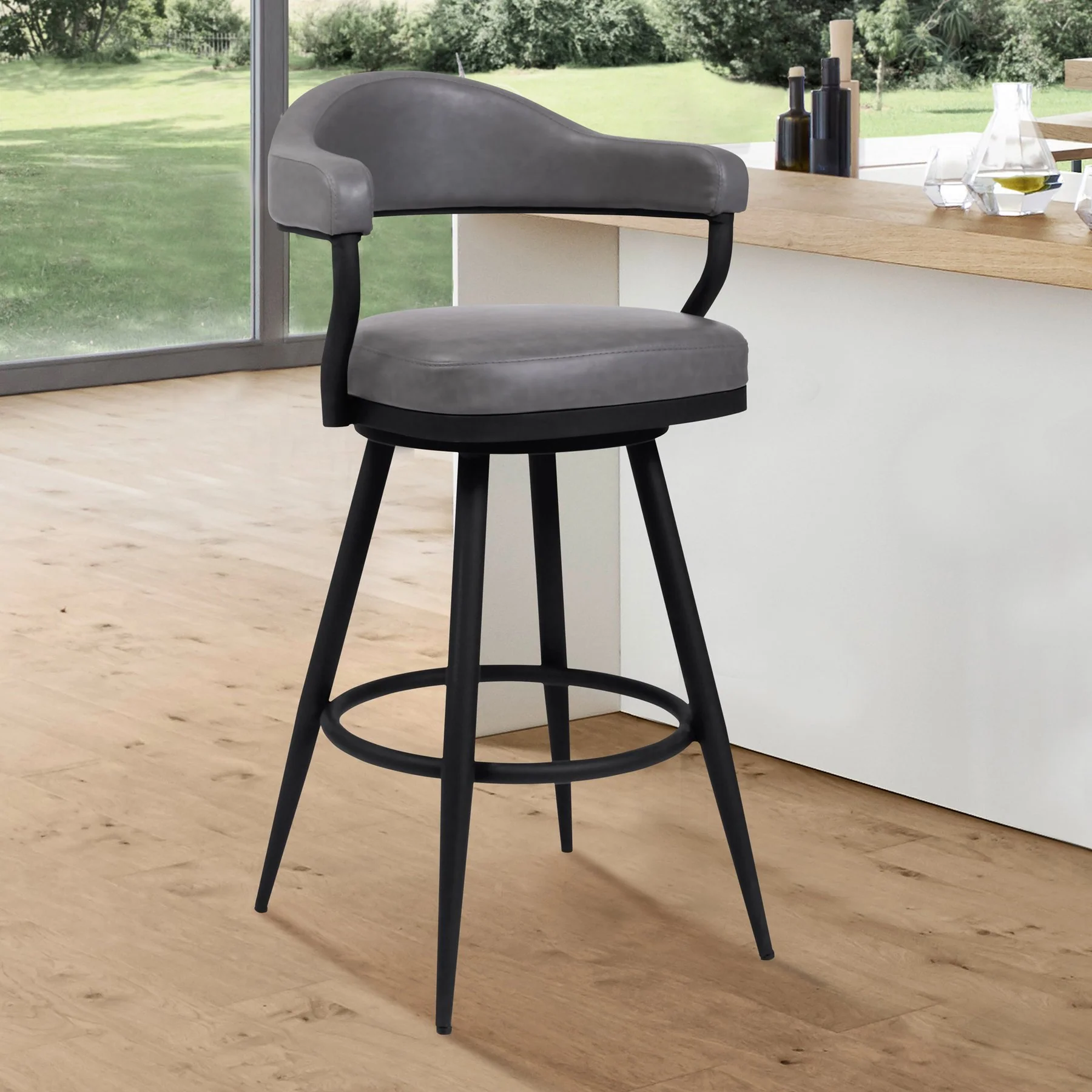 Justin 26" Counter Height Swivel Vintage Gray Faux Leather Bar Stool with Black Metal Legs - Image 7