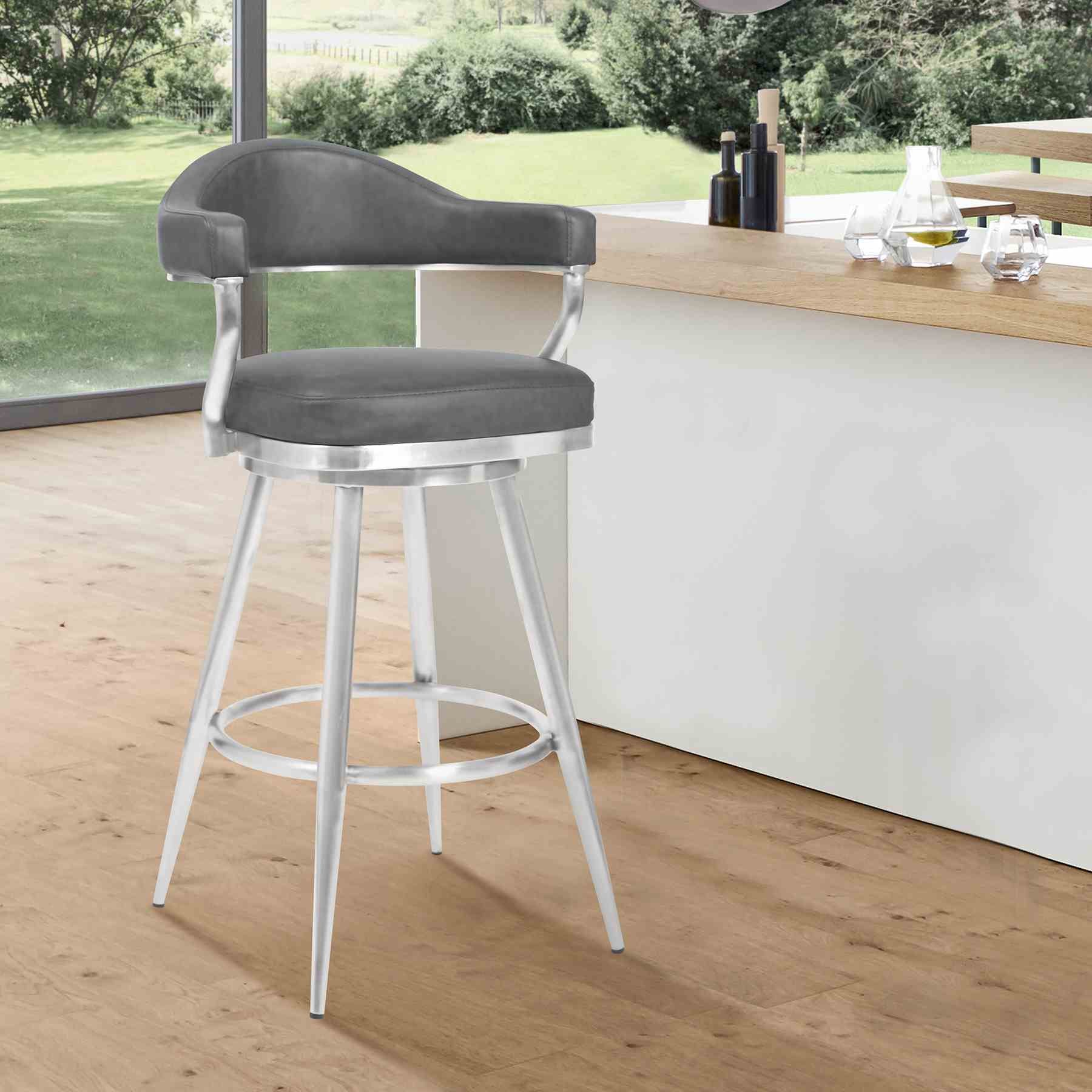 Justin 26" Counter Height Swivel Vintage Gray Faux Leather Bar Stool with Brushed Stainless Steel Legs - Image 7